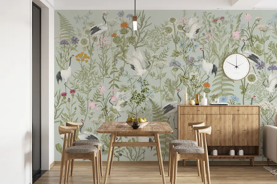 Papier peint Ornement de fleurs avec oiseaux, style rustique, botanique, prairie, fond bleu w00380v4