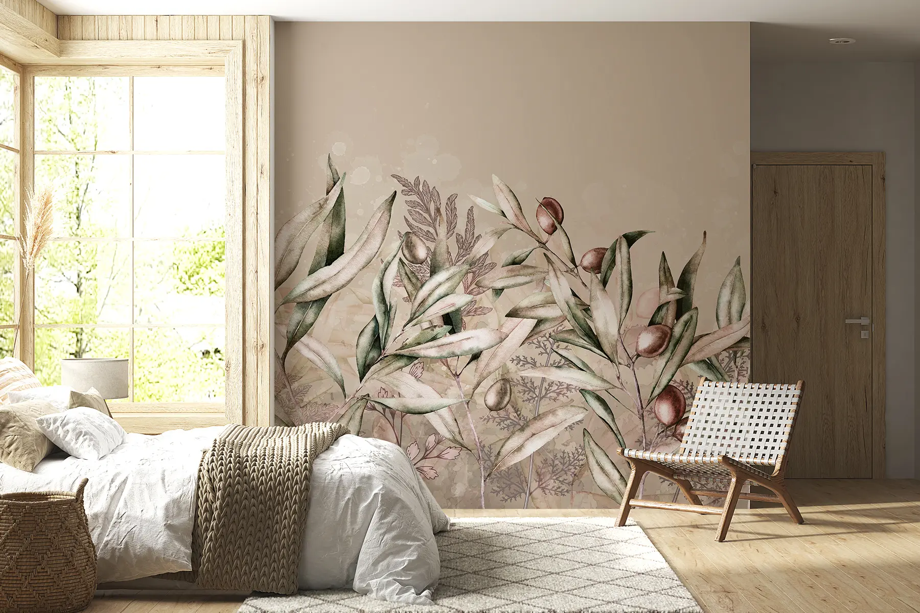 Papier peint Illustration d'olives, design floral, tropical, aquarelle, grandes feuilles, couleurs beiges w00407v1