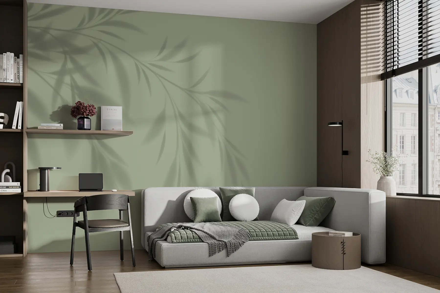 Papier peint feuilles, ombre, couleur olive w00404
