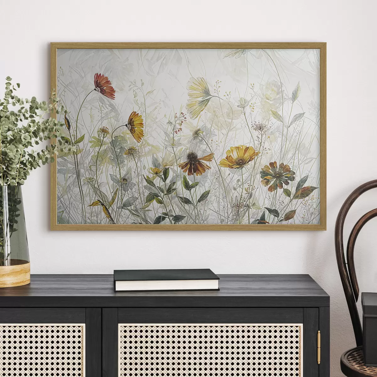 Poster Fleurs délicates de champ sur la peinture à l'huile de fond blanc f38197