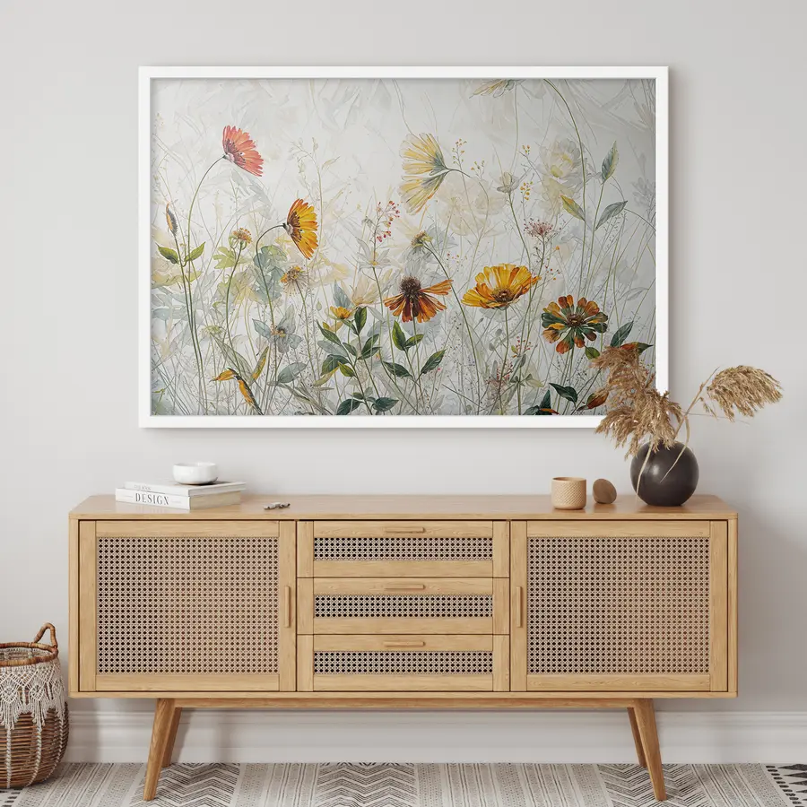 Papier peint Fleurs délicates de champ sur la peinture à l'huile de fond blanc f38197