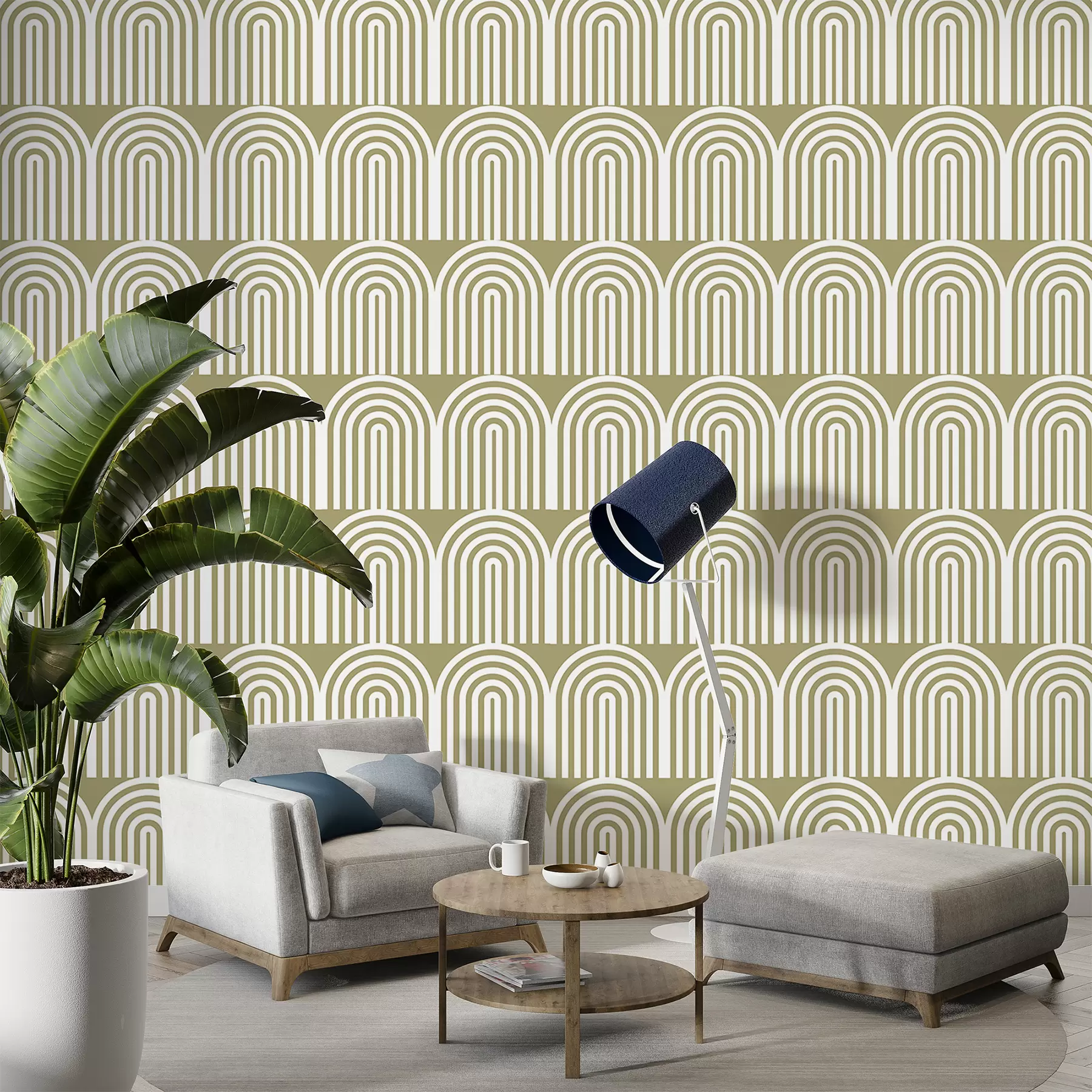 Papier peint Lignes ovales blanches sur fond vert clair w00484v2