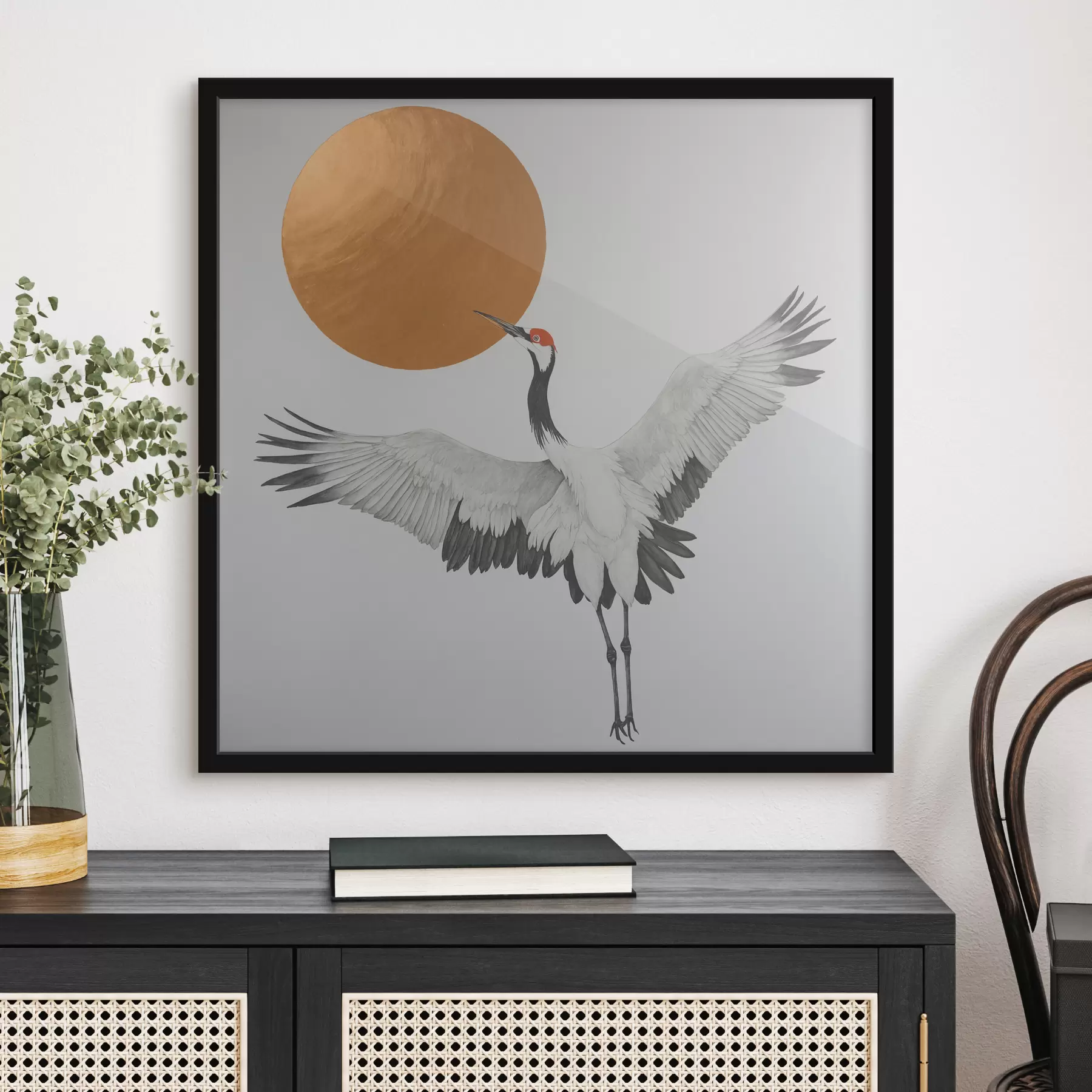 Tableau Une grue volant vers le soleil f38195