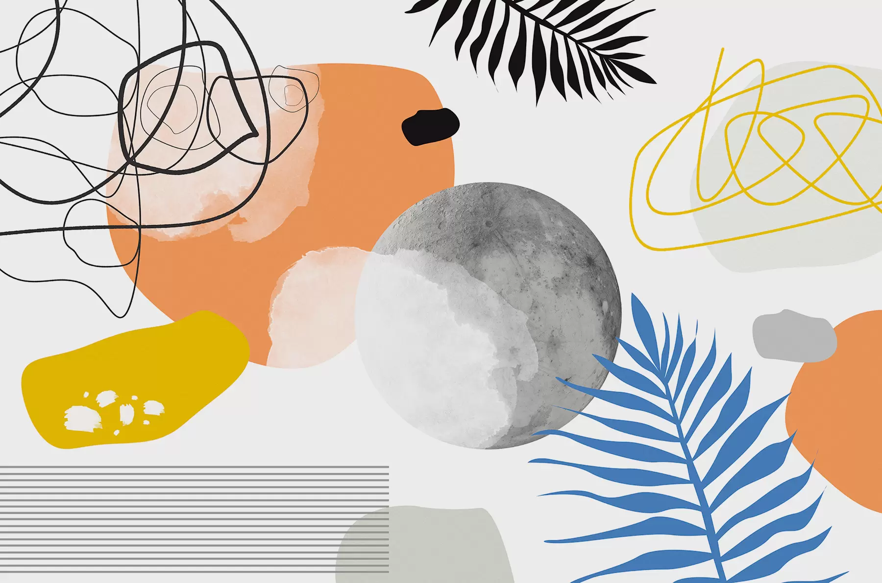 Papier peint Abstrait moderne, minimalisme, boho, géométrie, taches d'aquarelle, pleine lune, silhouette de feuille de palmier, topographie, complexité, orange, jaune, gris w00508