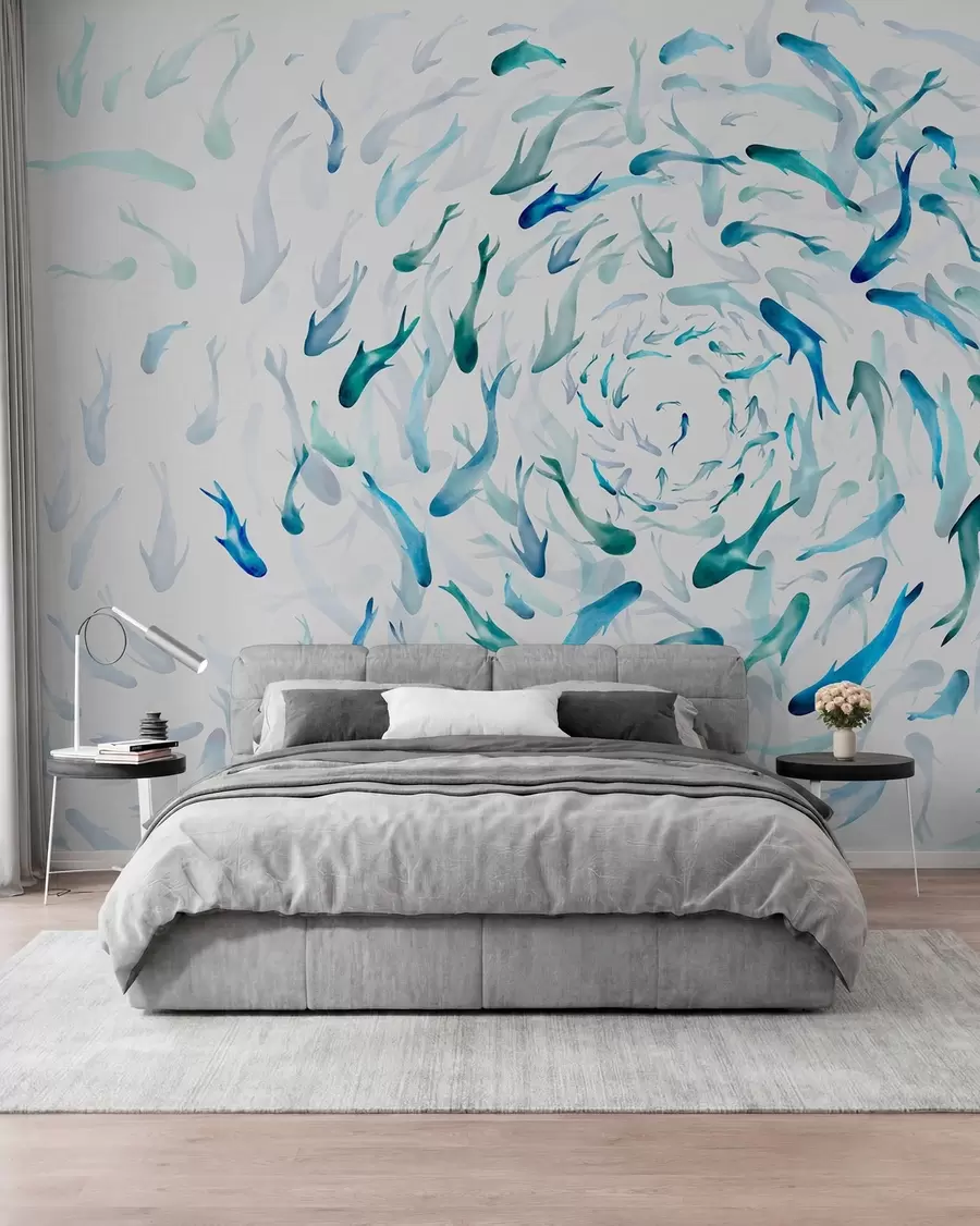 Papier peint Poisson tourbillonnant dans un bain à remous, danse du poisson, aquarelle, requin, composition abstraite, minimalisme, bleu, couleur verte w00510