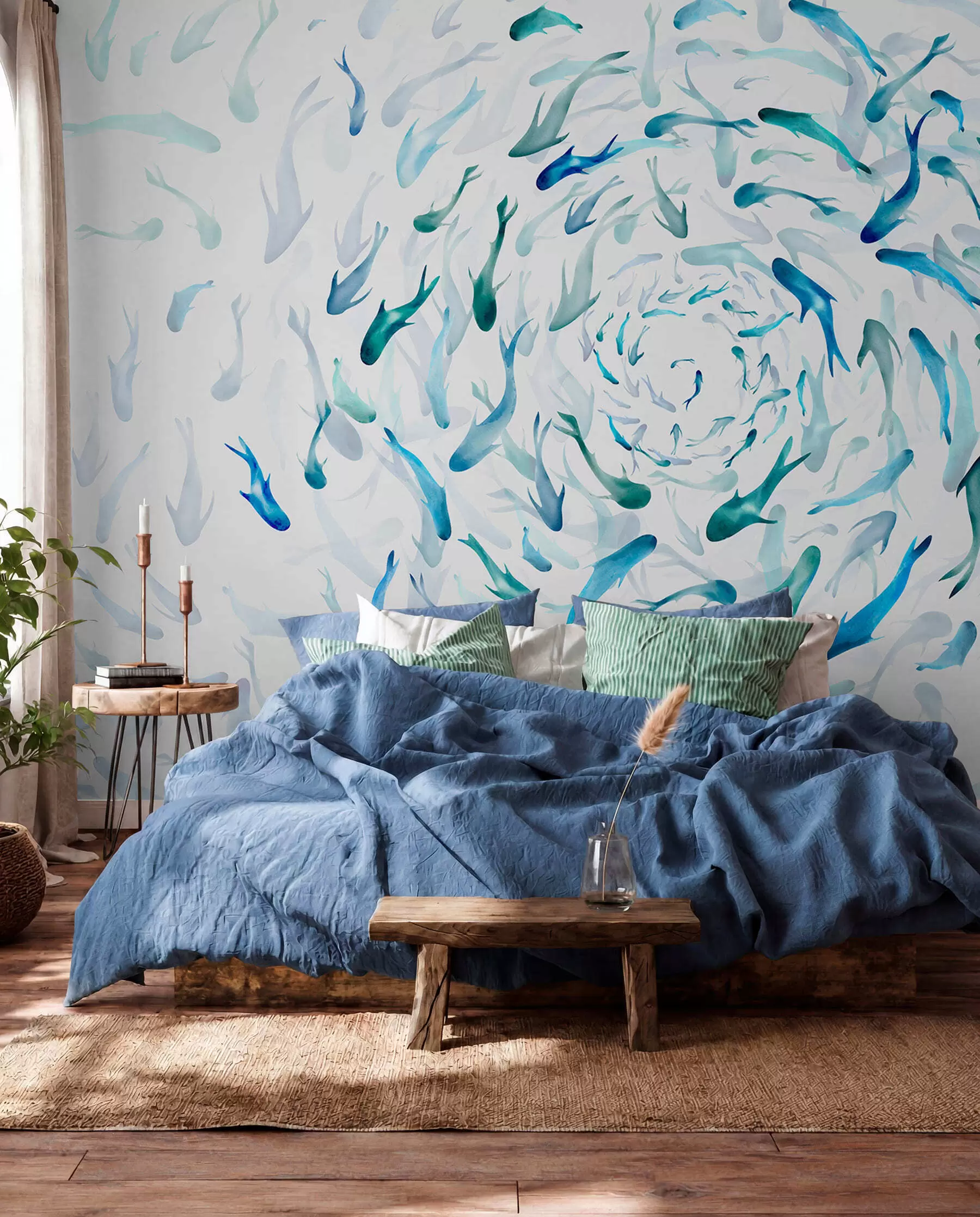 Papier peint Poisson tourbillonnant dans un bain à remous, danse du poisson, aquarelle, requin, composition abstraite, minimalisme, bleu, couleur verte w00510