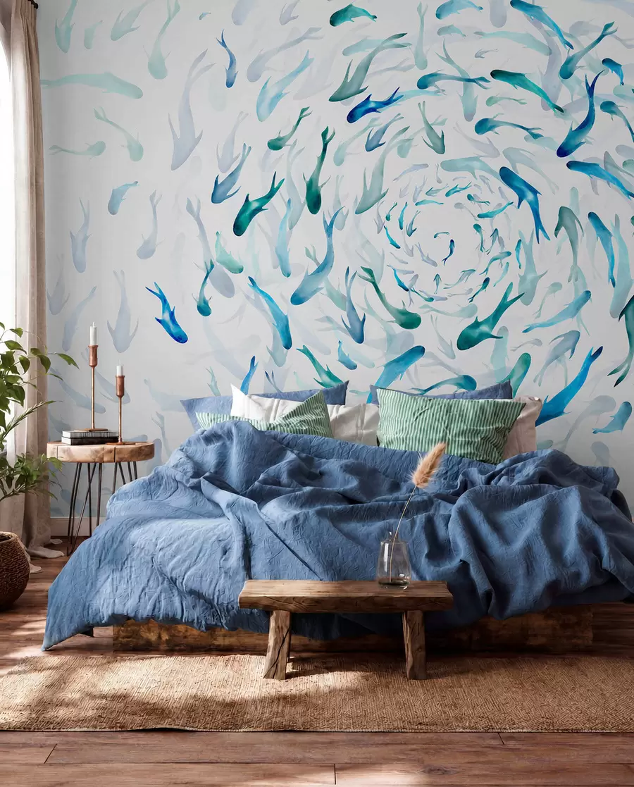 Papier peint Poisson tourbillonnant dans un bain à remous, danse du poisson, aquarelle, requin, composition abstraite, minimalisme, bleu, couleur verte w00510