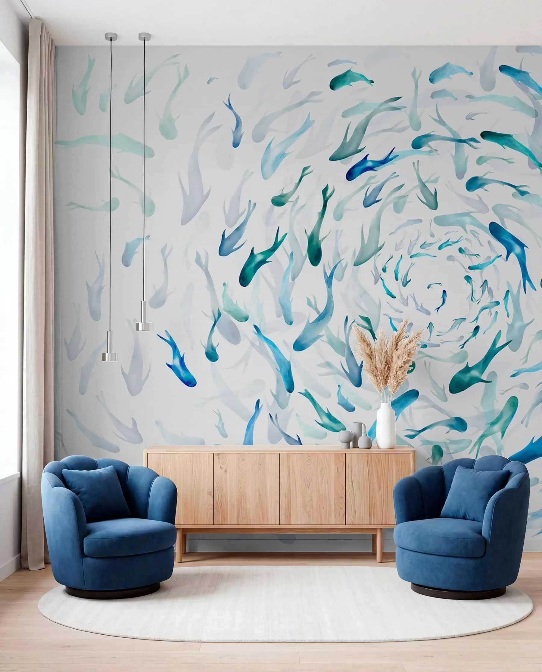 Papier peint Poisson tourbillonnant dans un bain à remous, danse du poisson, aquarelle, requin, composition abstraite, minimalisme, bleu, couleur verte w00510