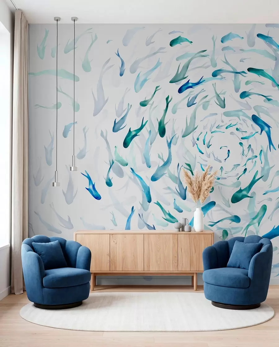 Papier peint Poisson tourbillonnant dans un bain à remous, danse du poisson, aquarelle, requin, composition abstraite, minimalisme, bleu, couleur verte w00510