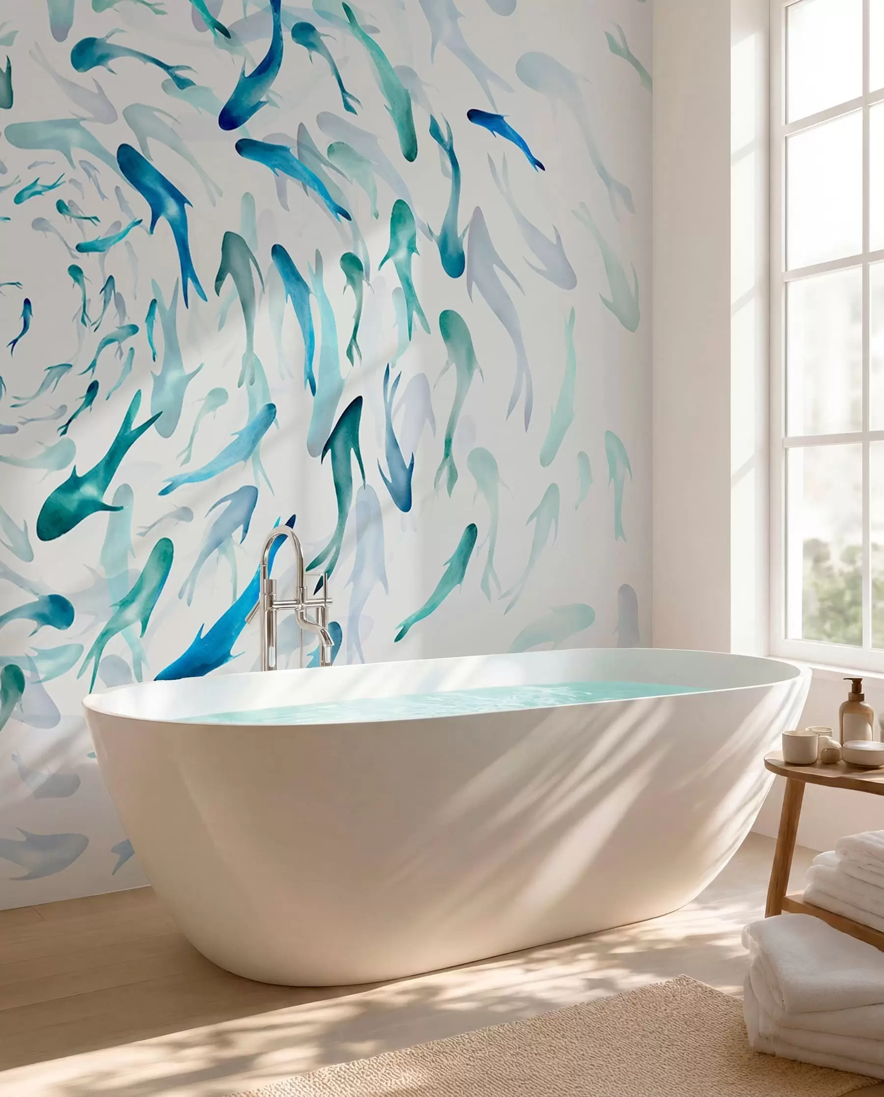 Papier peint Poisson tourbillonnant dans un bain à remous, danse du poisson, aquarelle, requin, composition abstraite, minimalisme, bleu, couleur verte w00510