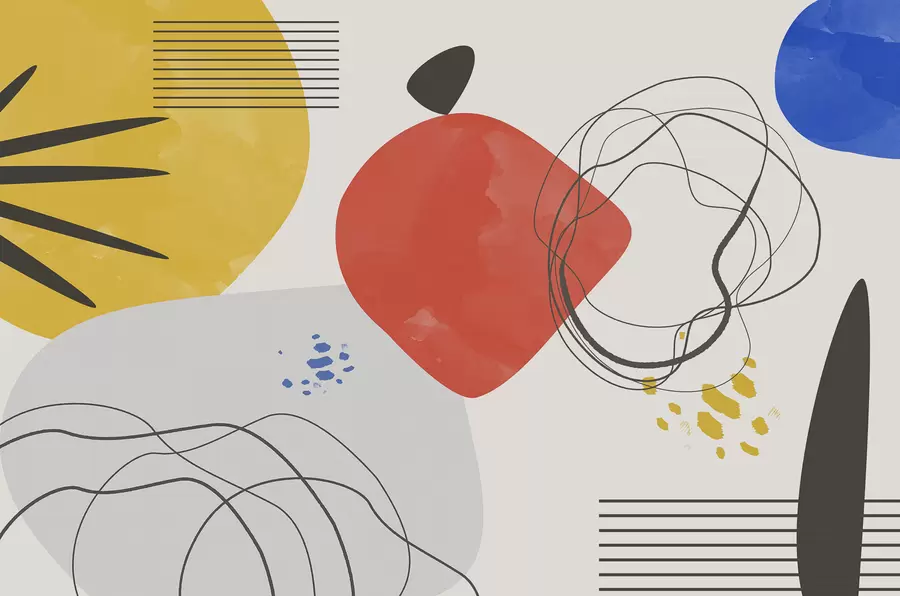 Papier peint Abstraction moderne, point lumineux, bohème, géométrie, topographie, courbes, lignes, rouge, jaune, bleu, noir w00514