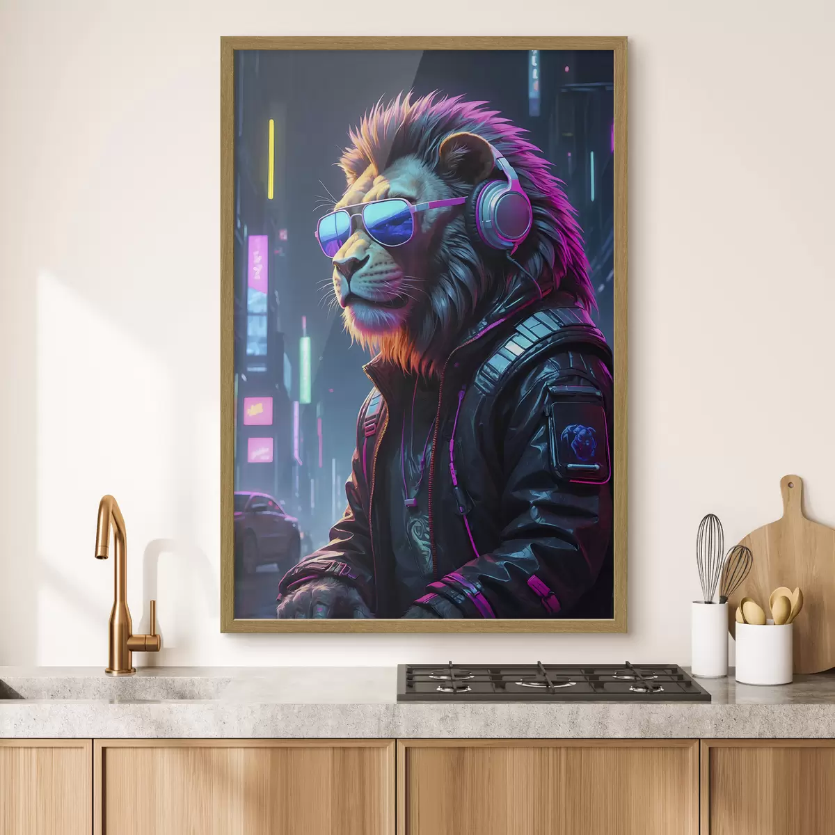 Poster Lion sur fond de ville lumineuse f38169