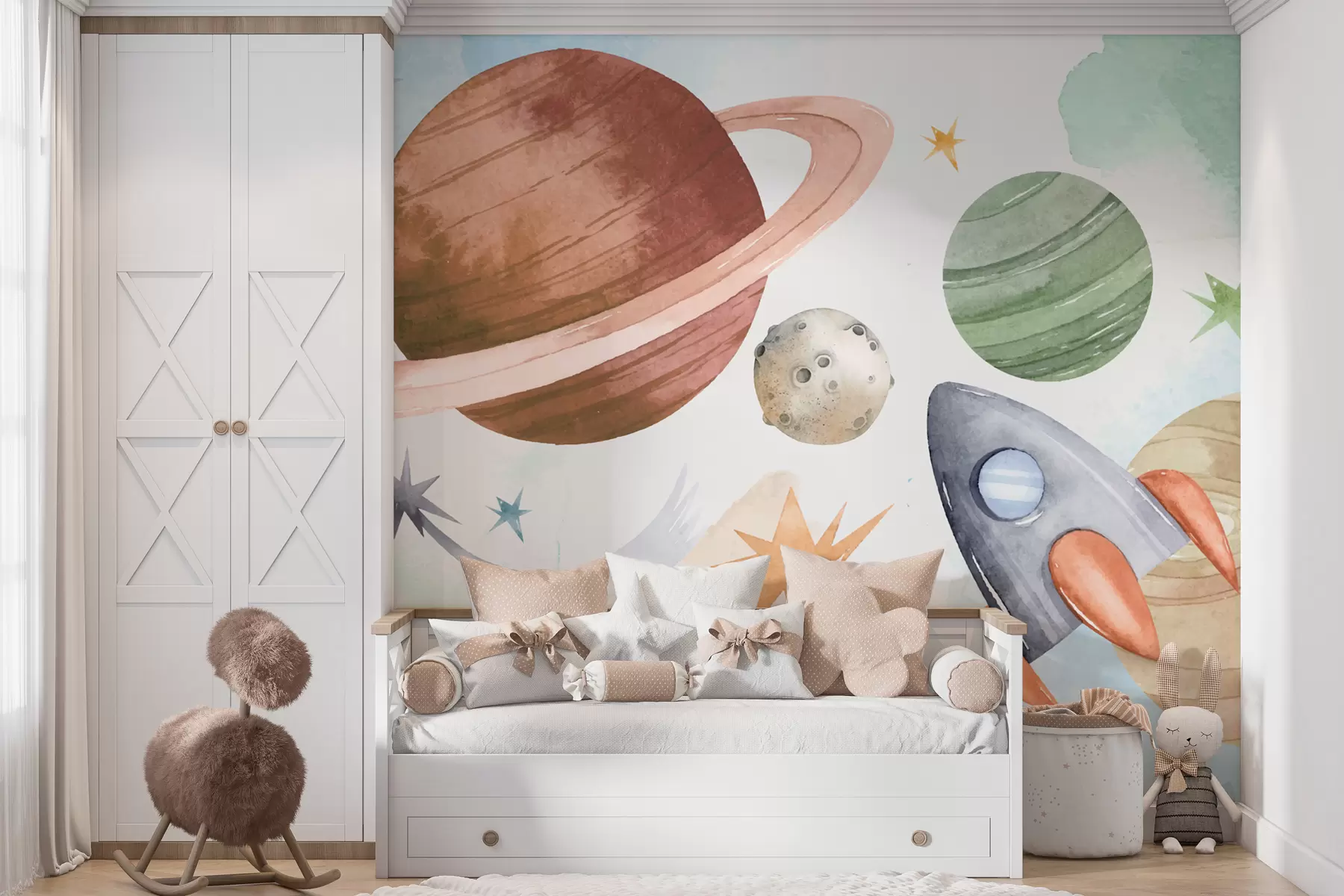 Papier peint Une illustration colorée représentant diverses planètes et aquarelle spatiale w00539