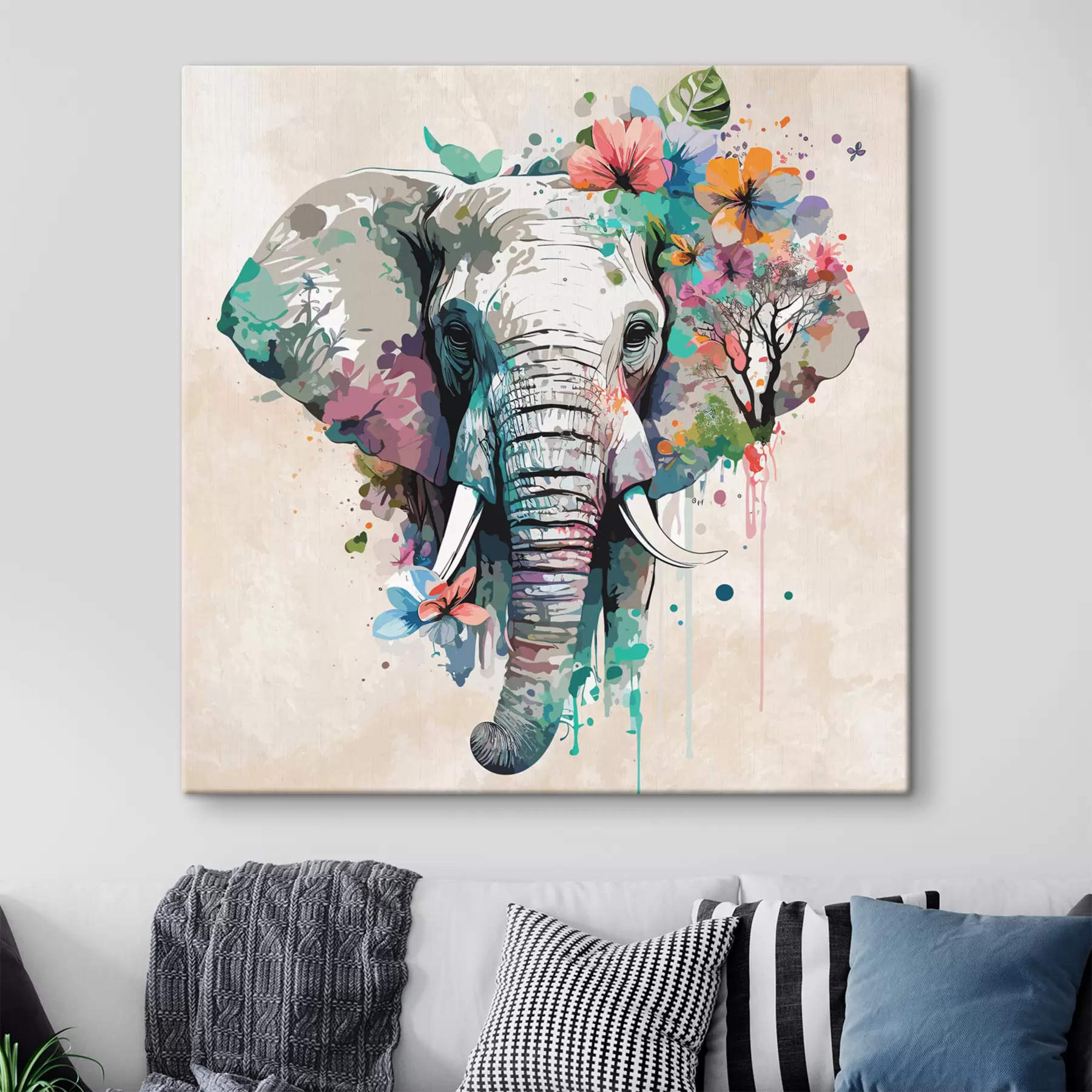 Tableau éléphant en fleurs, taches de peinture s38333