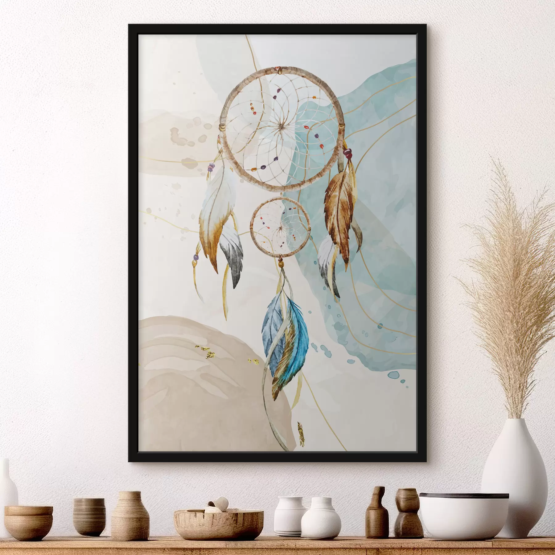 Tableau aquarelle, attrape rêve, plumes, pastel f38330