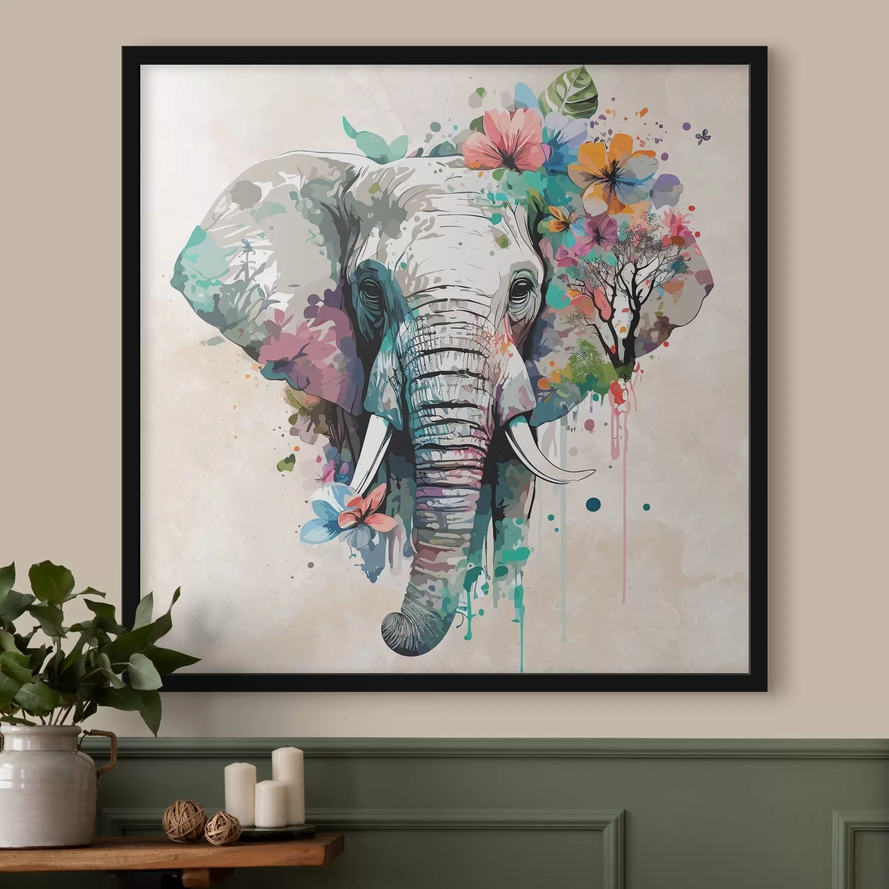 Papier peint éléphant en fleurs, taches de peinture f38333