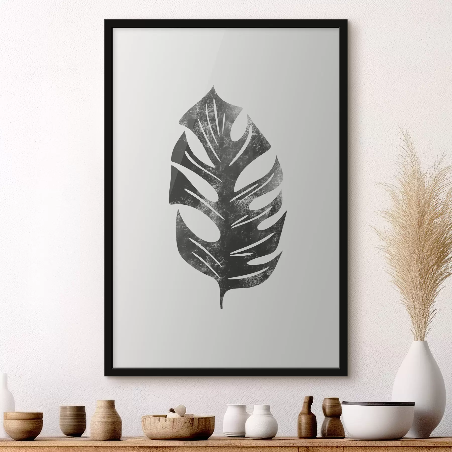 Papier peint Plante, feuille de monstera avec fentes, tropicale, minimalisme, texture couleur noir et gris f38345