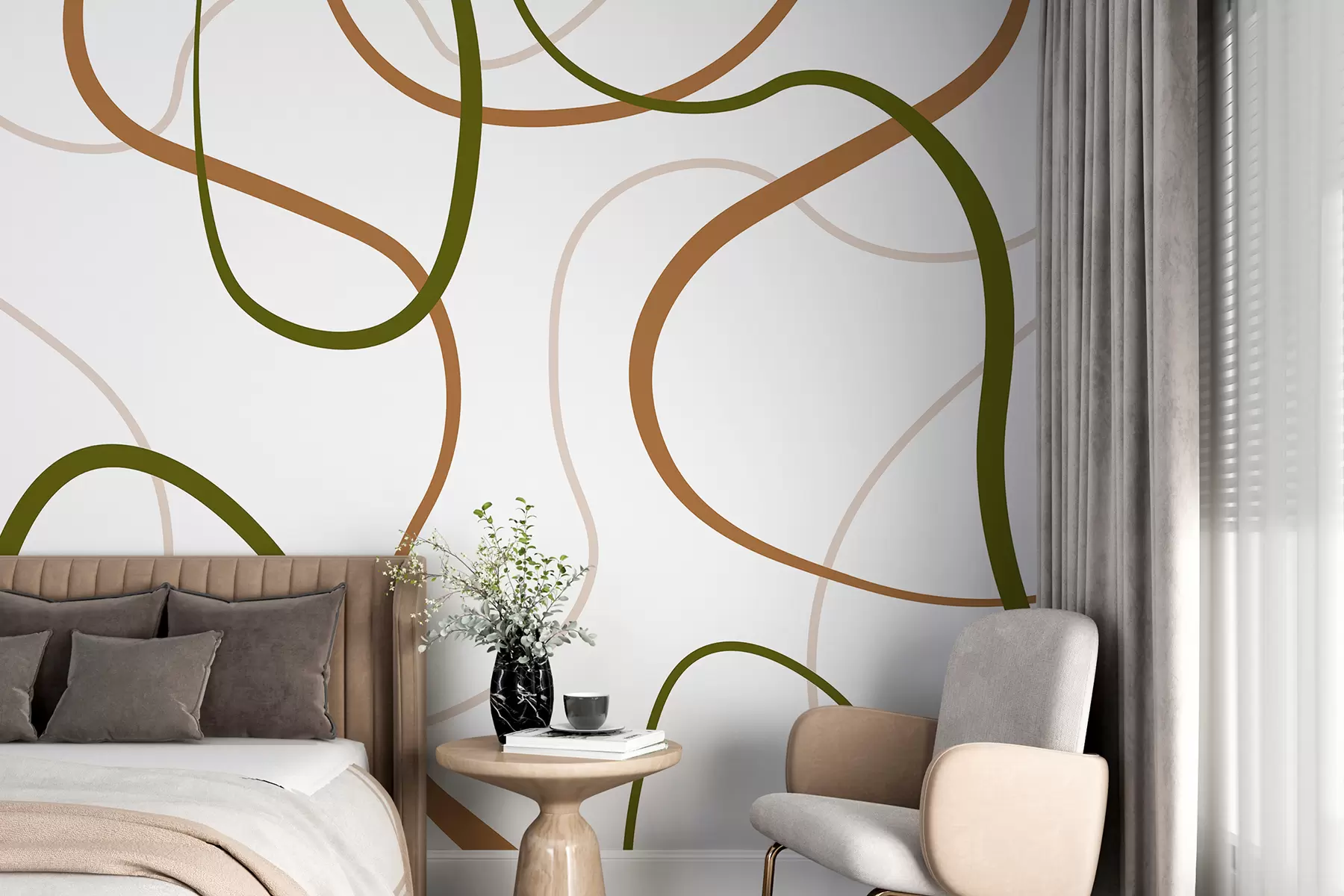 Papier peint Lignes abstraites, minimalistes, motif géométrique, vert et beige w00594