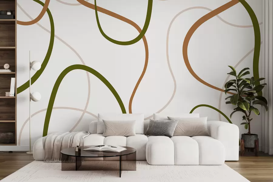 Papier peint Lignes abstraites, minimalistes, motif géométrique, vert et beige w00594