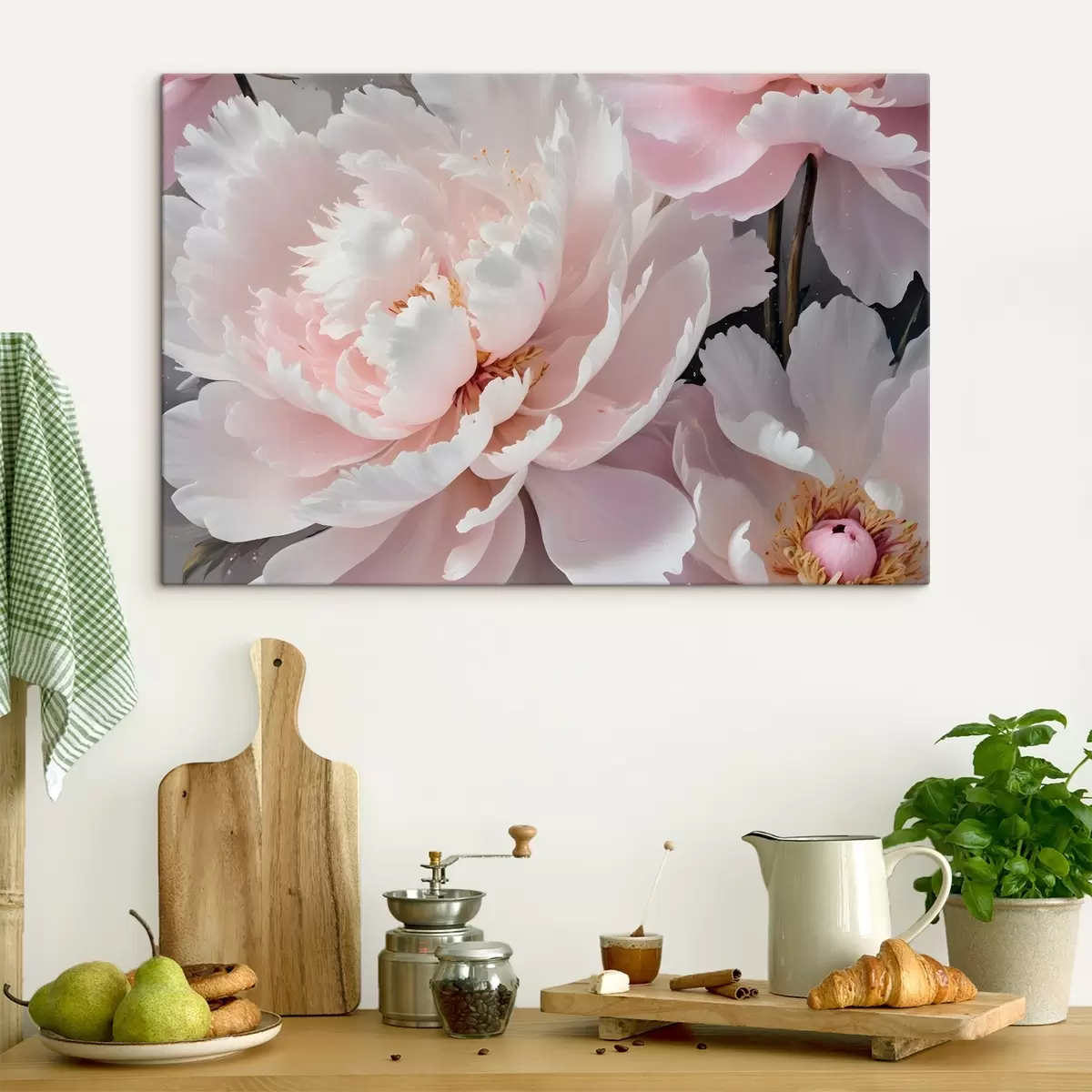 Tableau Un gros plan de grandes fleurs de pivoines roses délicates sur un fond sombre s38363