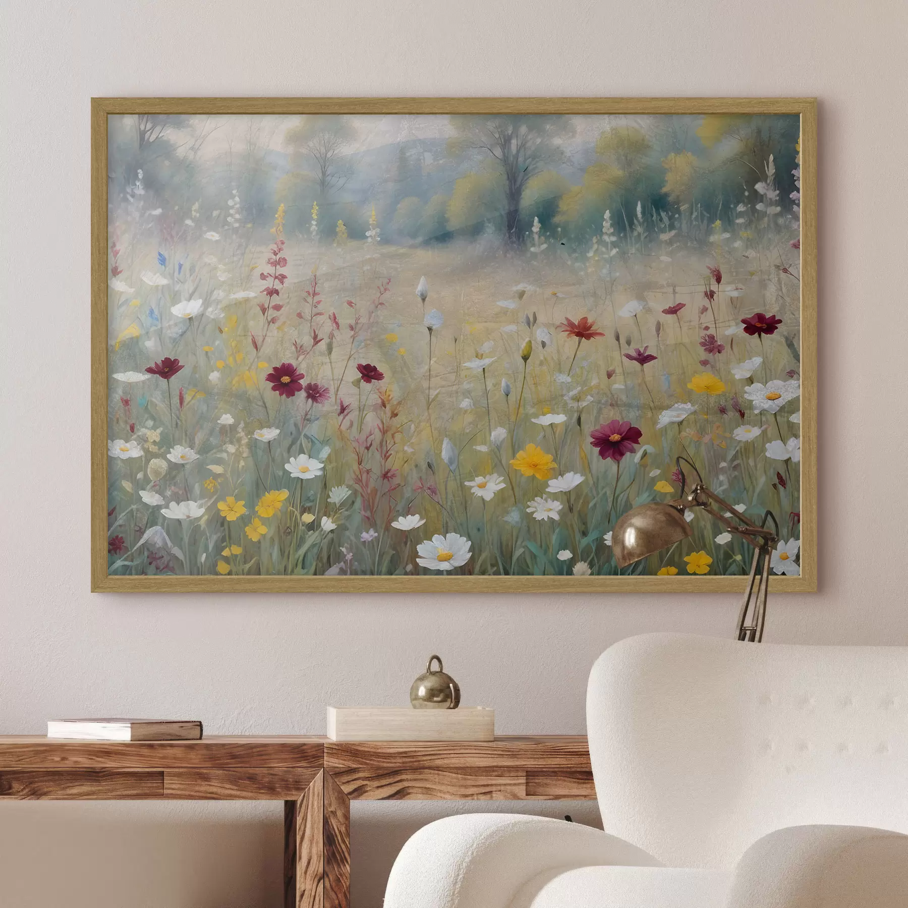 Papier peint Une prairie colorée avec des fleurs sauvages avec une forêt floue en arrière-plan f38368