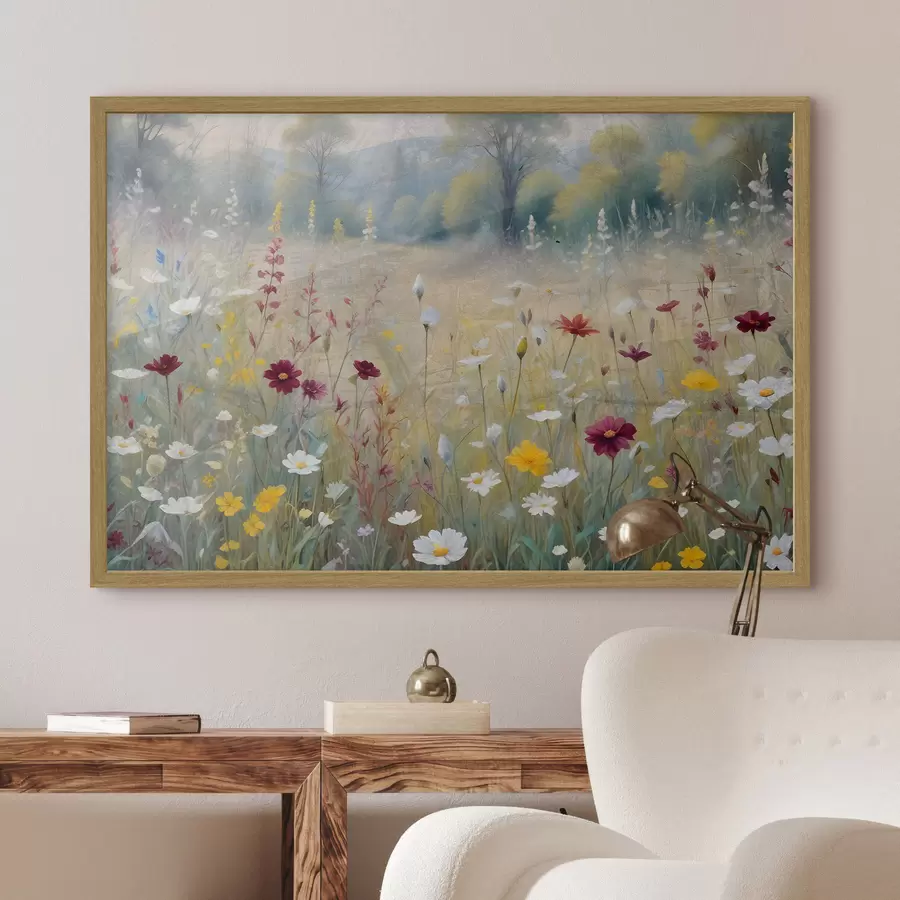 Papier peint Une prairie colorée avec des fleurs sauvages avec une forêt floue en arrière-plan f38368