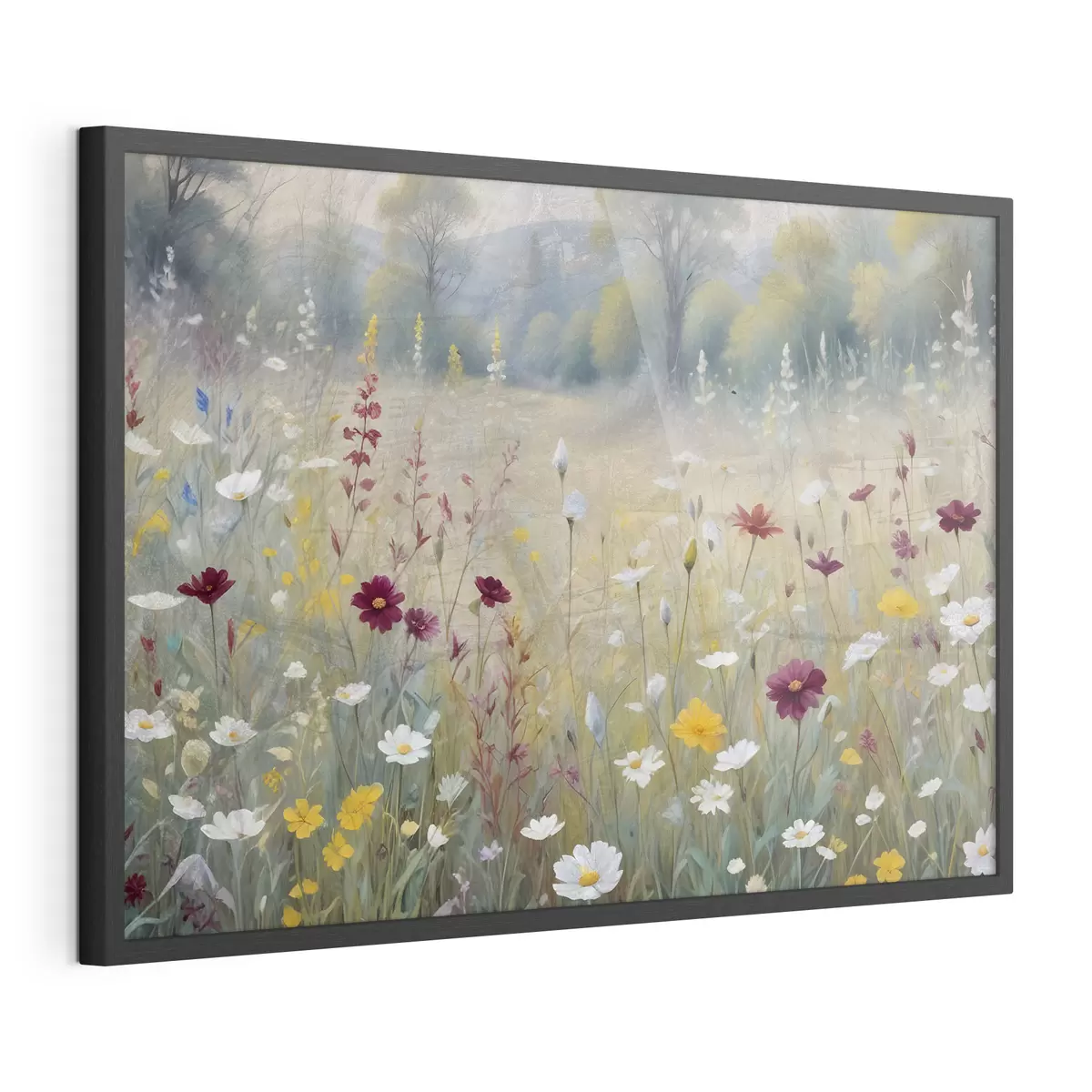Poster Une prairie colorée avec des fleurs sauvages avec une forêt floue en arrière-plan f38368