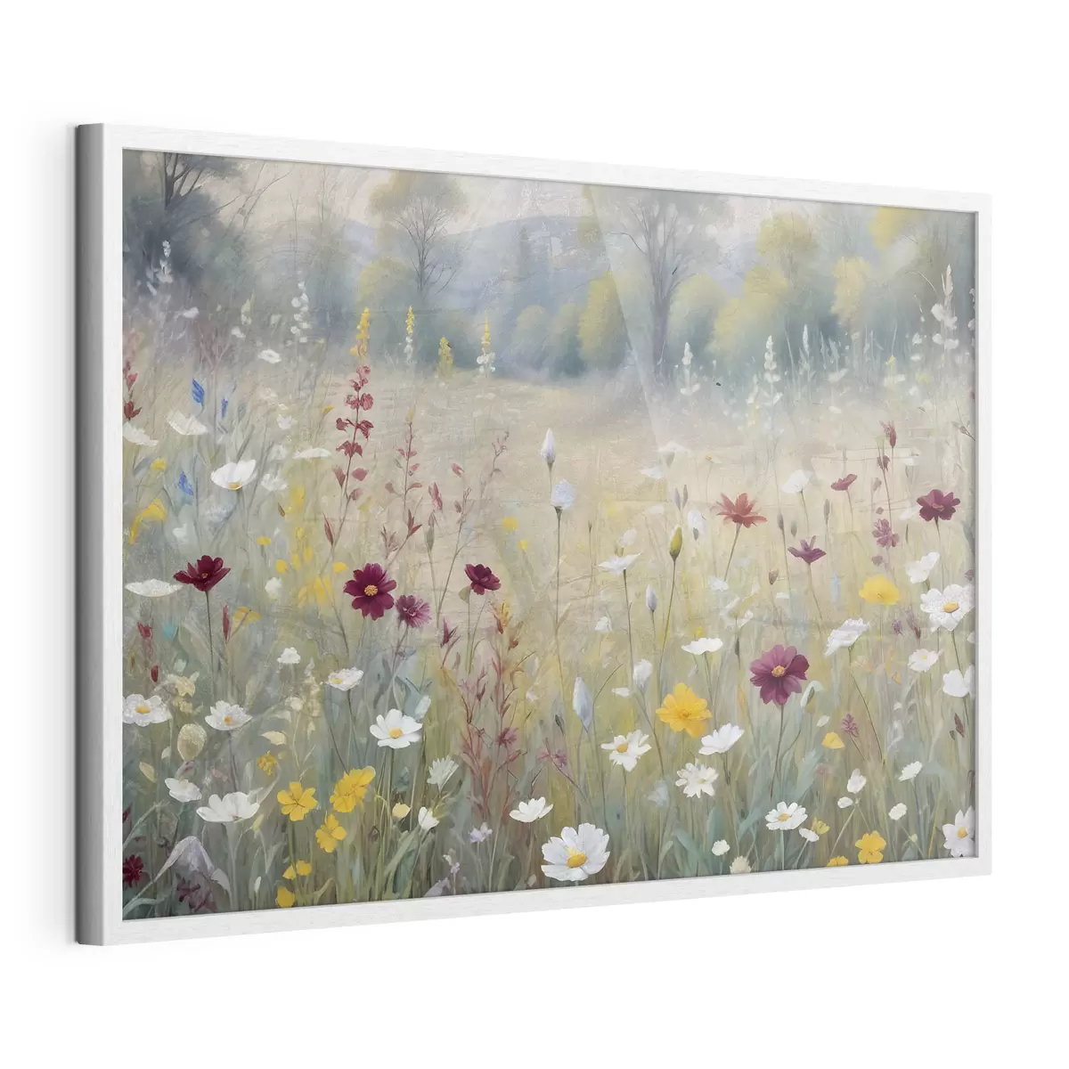 Poster Une prairie colorée avec des fleurs sauvages avec une forêt floue en arrière-plan f38368