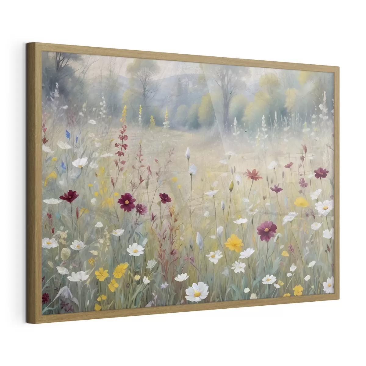 Poster Une prairie colorée avec des fleurs sauvages avec une forêt floue en arrière-plan f38368