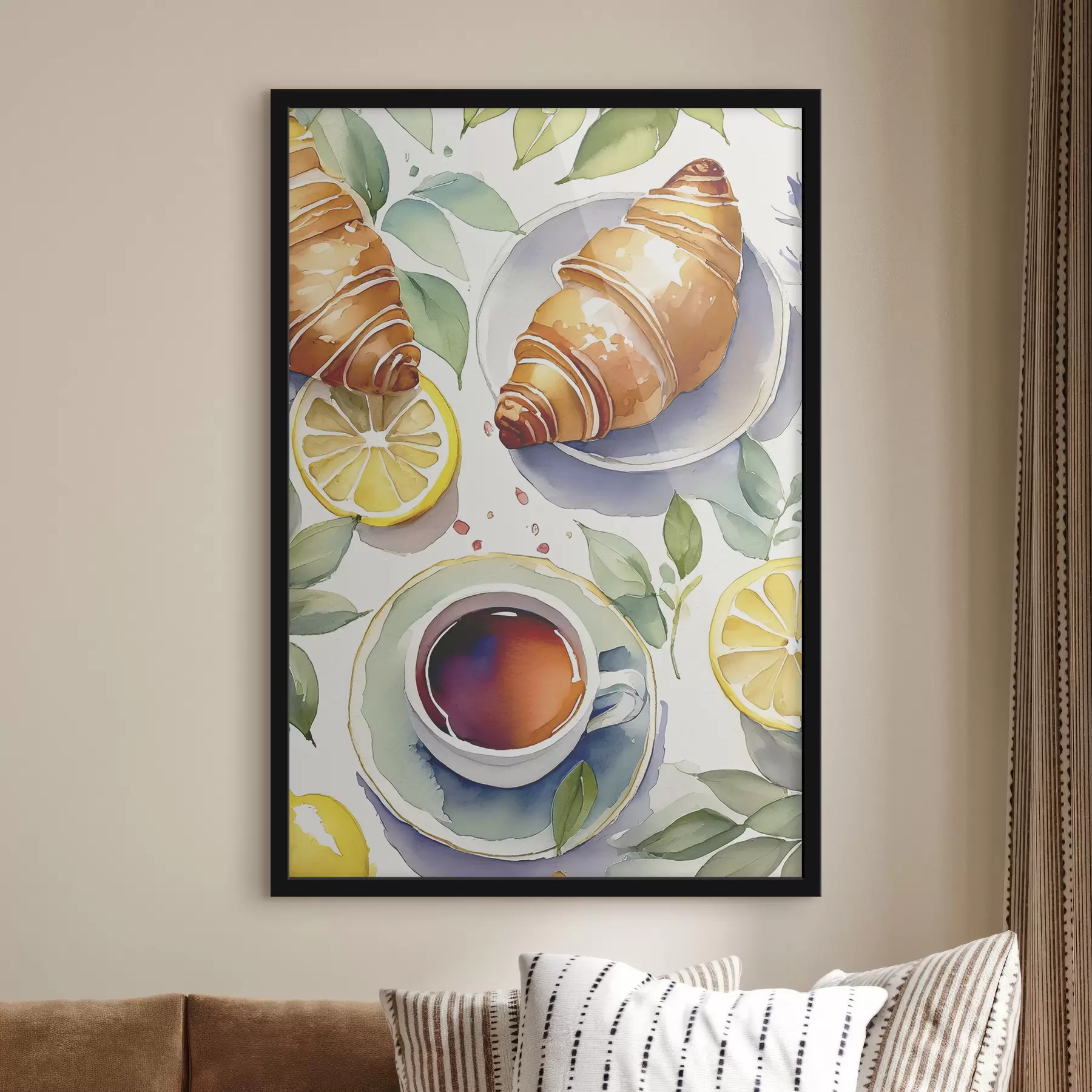 Papier peint Aquarelle croissant, tasse de thé, petit déjeuner, citrons, style rustique f38389