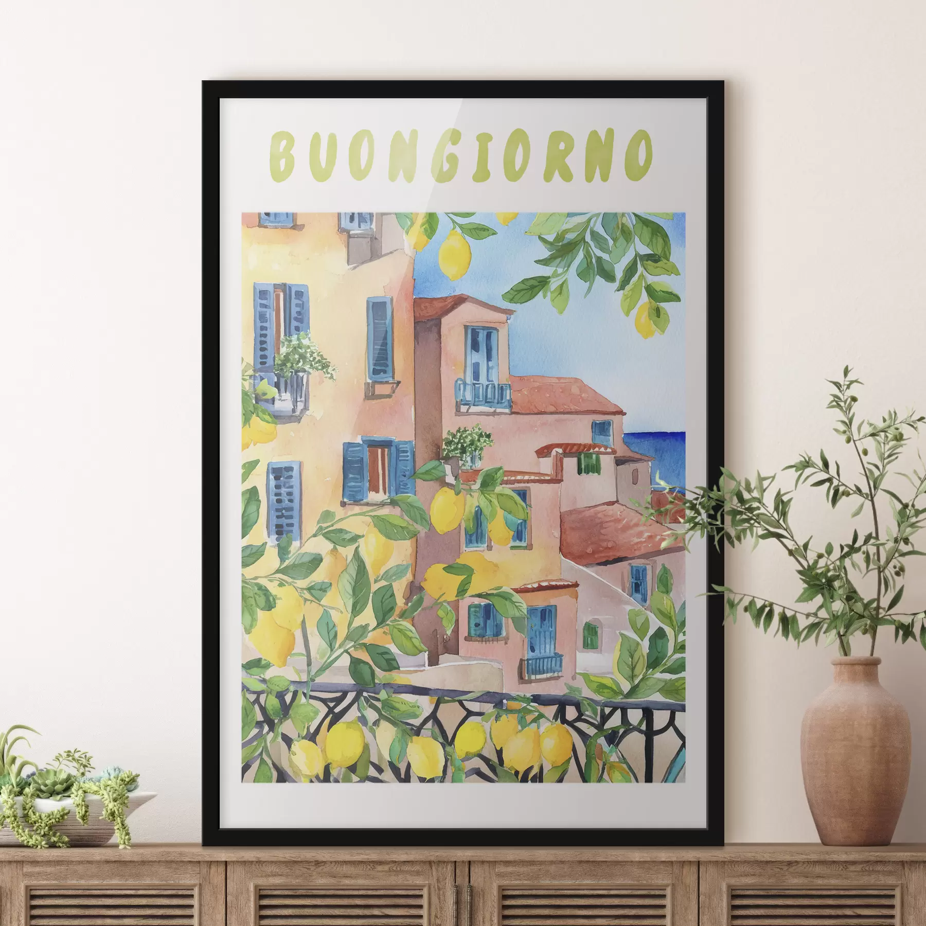 Tableau Architecture de la ville italienne, côte de la mer, été, aquarelle, citronnier f38395