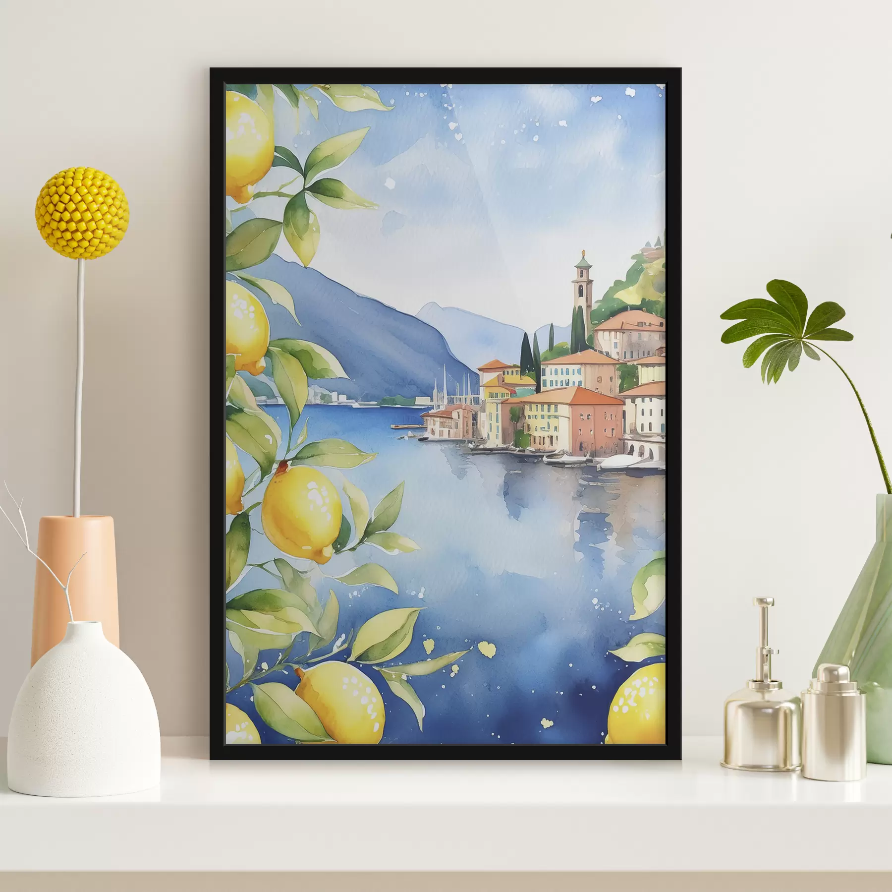 Papier peint Lac italien, été, aquarelle, paysage naturel, citrons, architecture urbaine f38397
