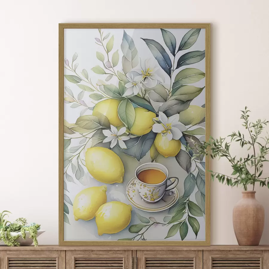 Papier peint Citrons et fleurs, aquarelle, petit déjeuner, tasse de thé, style bohème f38403