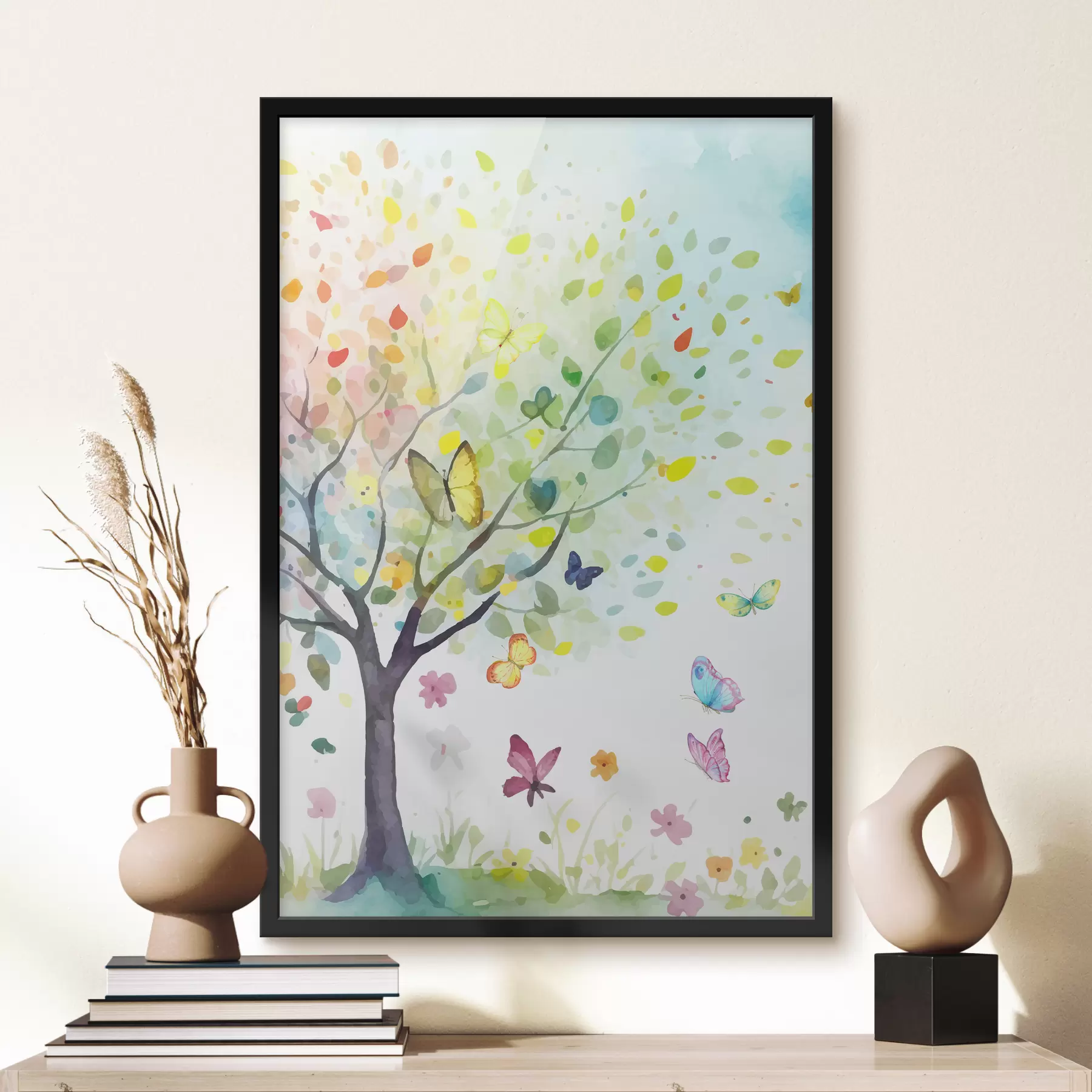 Papier peint arbre aux feuilles lumineuses, aquarelle, papillons f38444