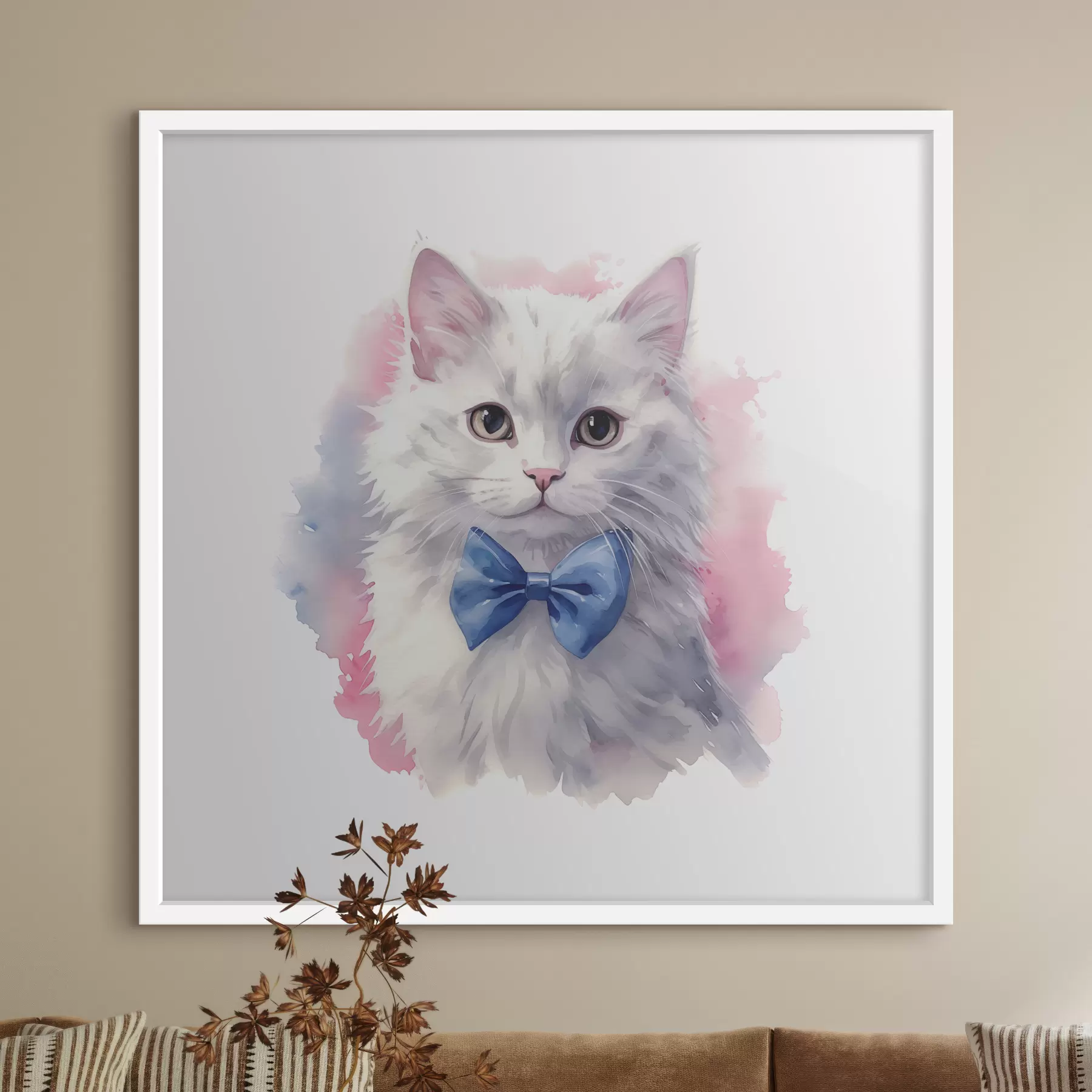 Papier peint Chat blanc en peluche avec un noeud bleu sur le cou, aquarelle, animal, gris, blanc, rose, couleur bleue f38479