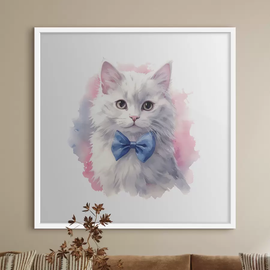 Papier peint Chat blanc en peluche avec un noeud bleu sur le cou, aquarelle, animal, gris, blanc, rose, couleur bleue f38479