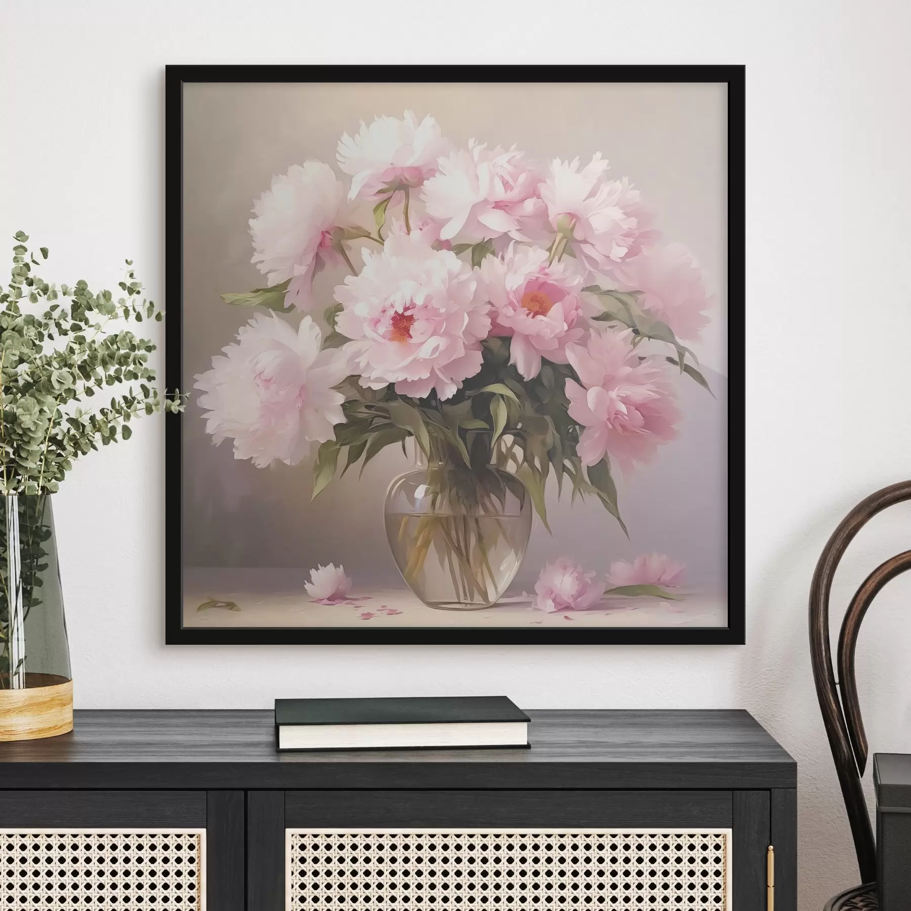 Tableau Pivoines roses dans un vase en verre sur fond noir, imitation d'une peinture à l'huile, fleurs f38482