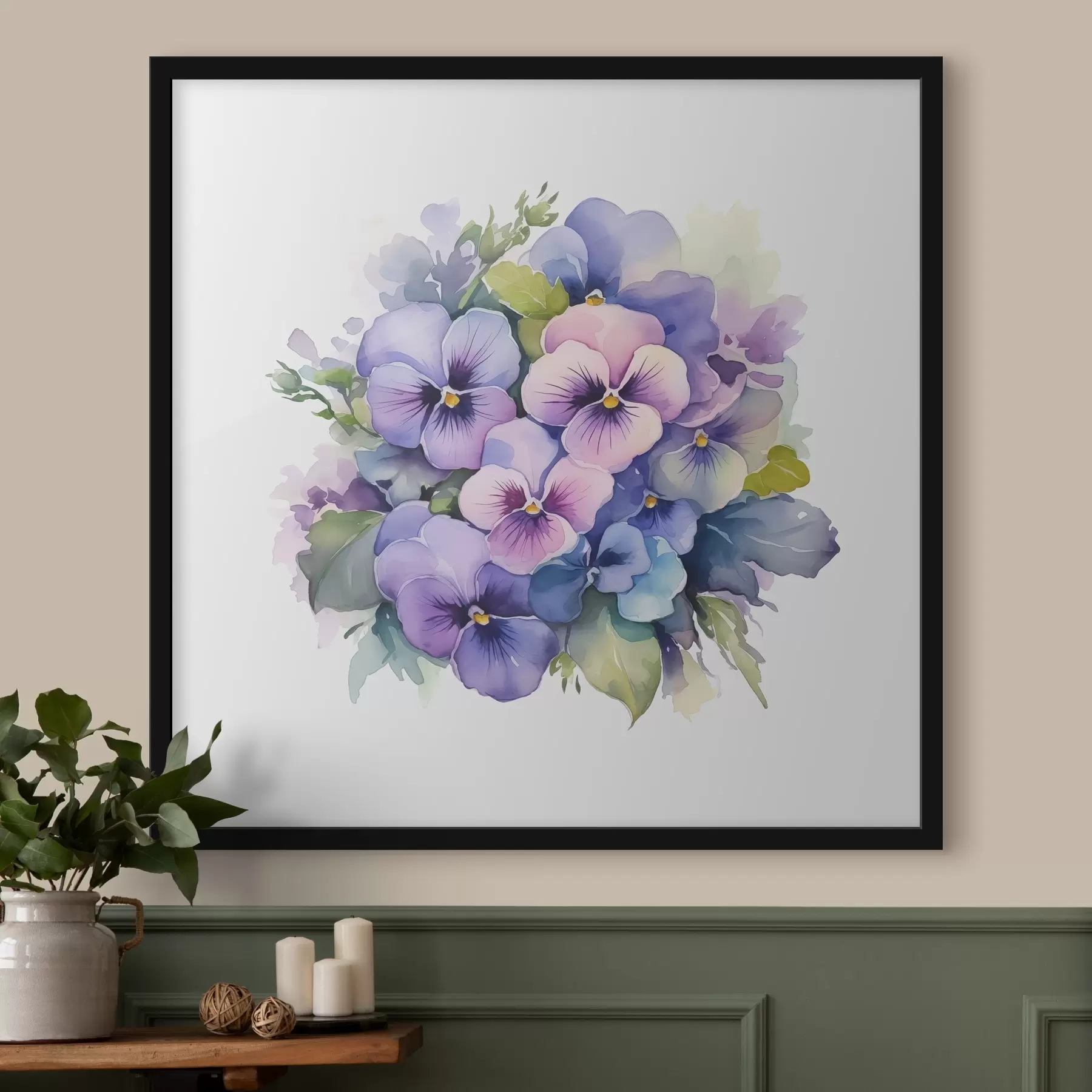 Tableau Illustration aquarelle de violettes, bouquet, fleurs, bleu, violet, couleur verte f38486