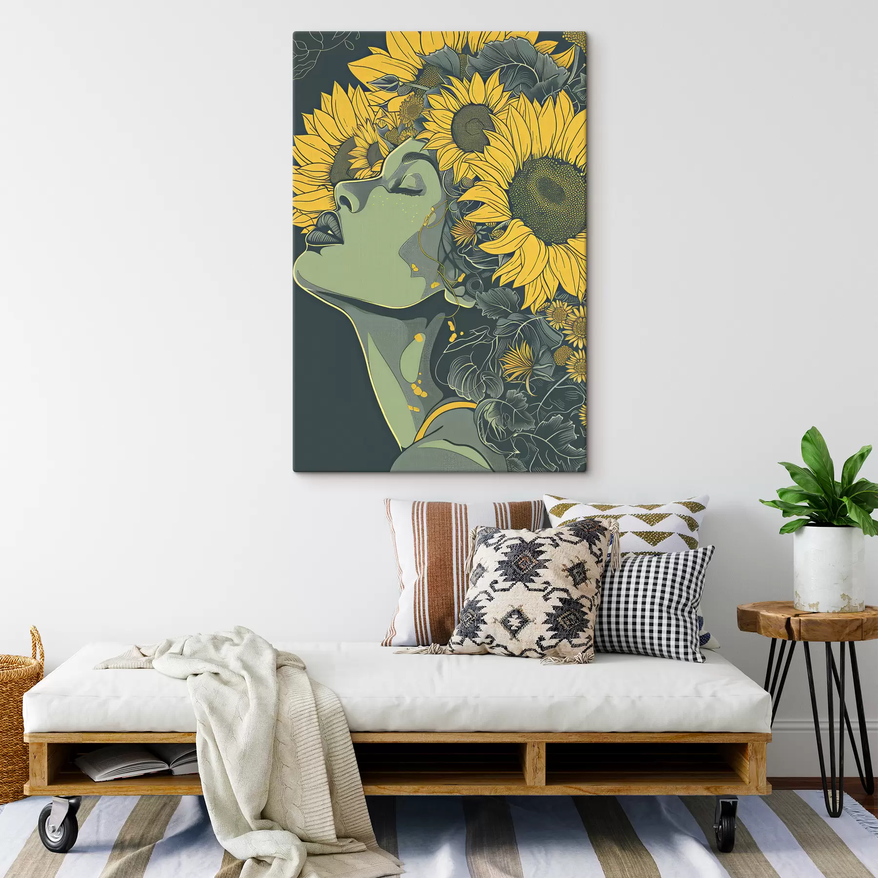 Tableau Fille en tournesols sur fond vert s38380