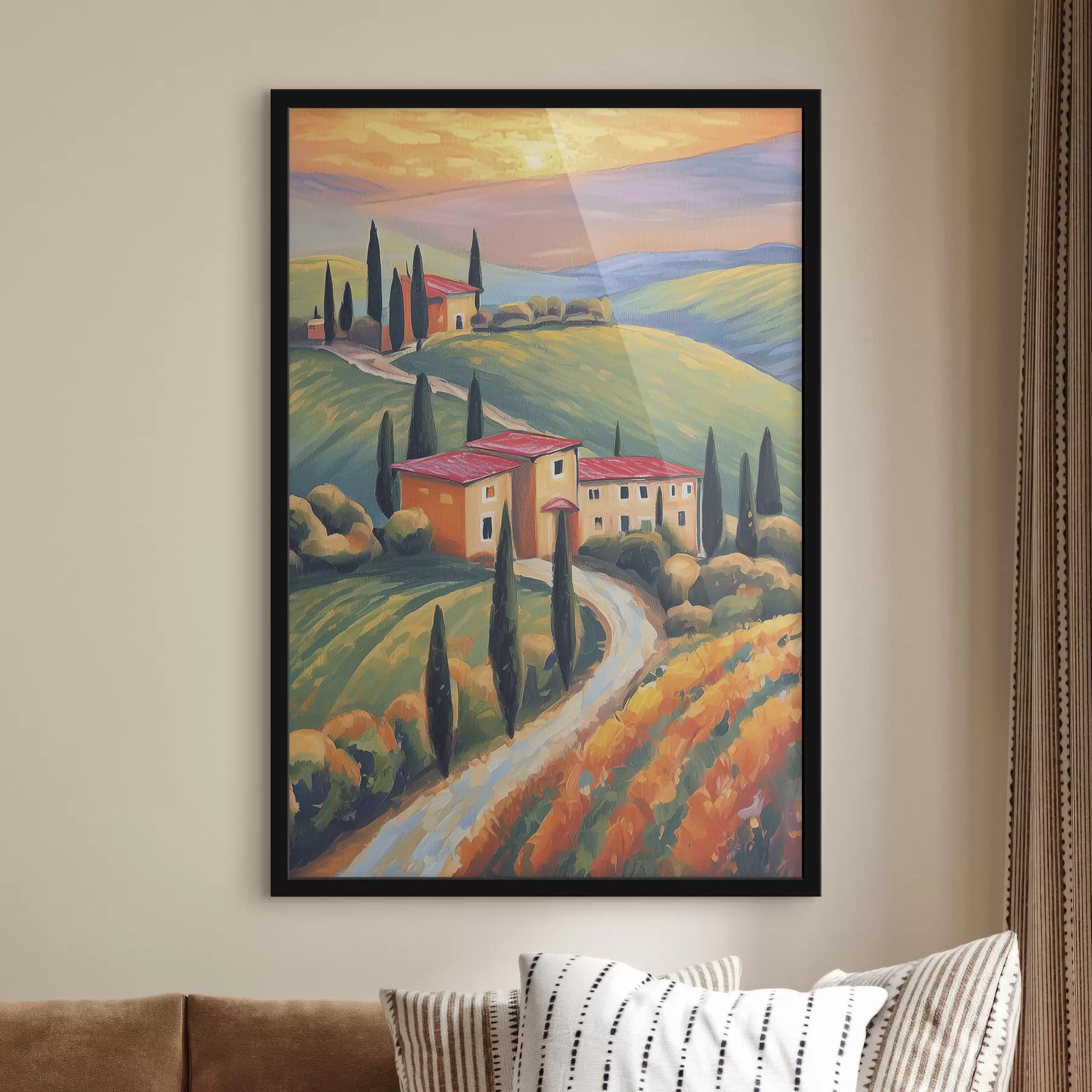 Tableau Paysages de Toscane, Italie, art acrylique, maisons anciennes, champs, été f38488