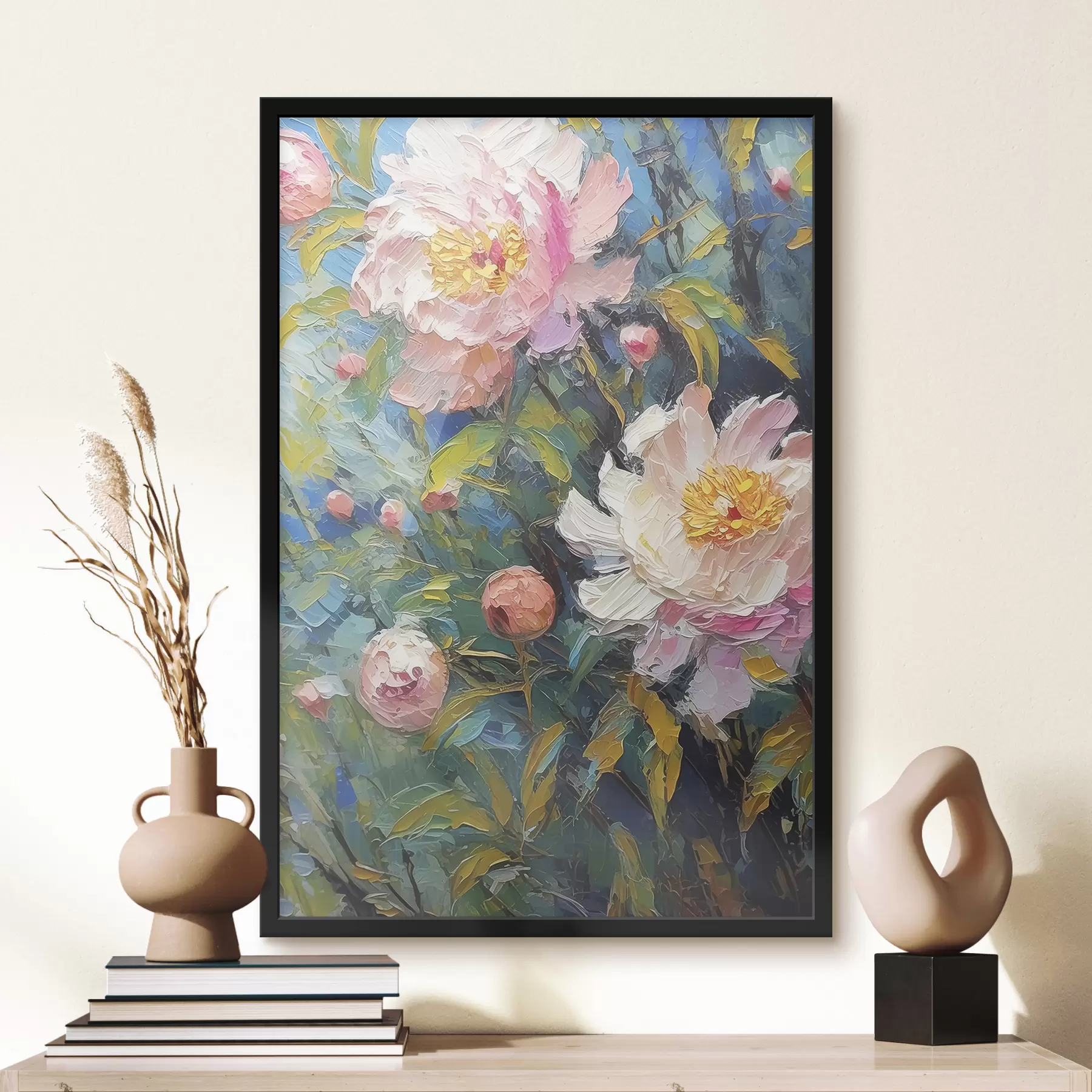 Papier peint Peinture à l'huile de pivoines, fleurs d'été, coups de pinceau vifs, fleurs roses, fond bleu f38497