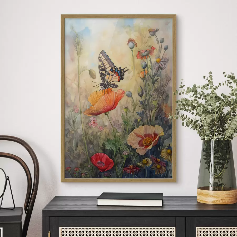 Papier peint Champ de coquelicots et papillon f38520