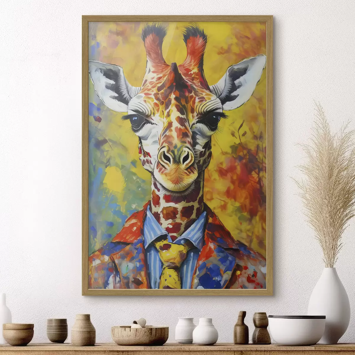 Poster portrait d'une girafe en costume sur fond jaune f38606