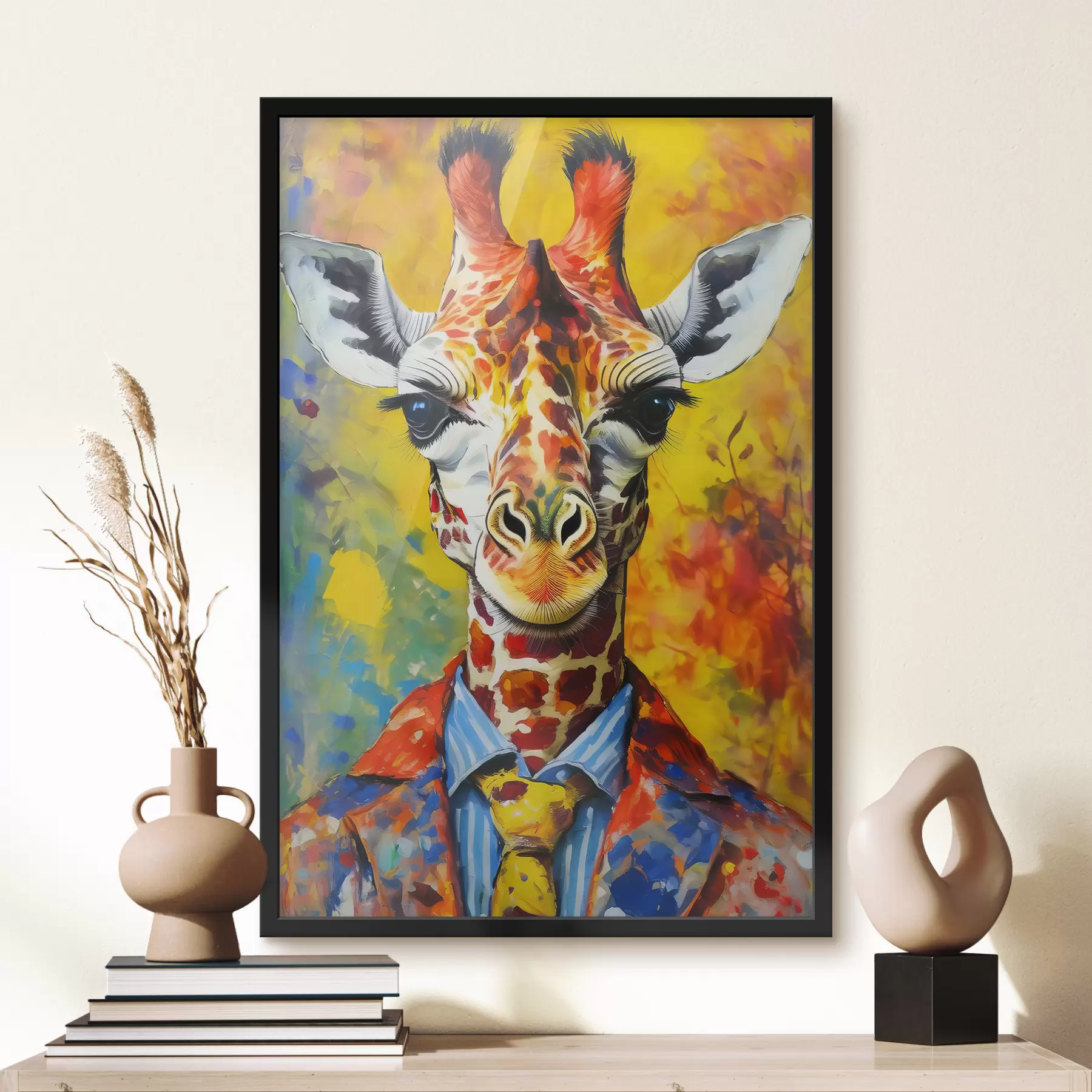 Papier peint portrait d'une girafe en costume sur fond jaune f38606