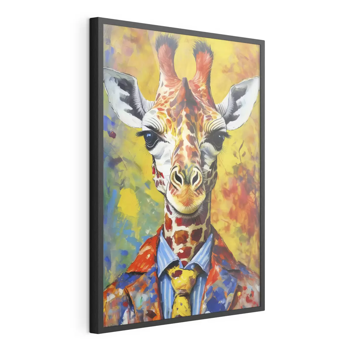 Poster portrait d'une girafe en costume sur fond jaune f38606