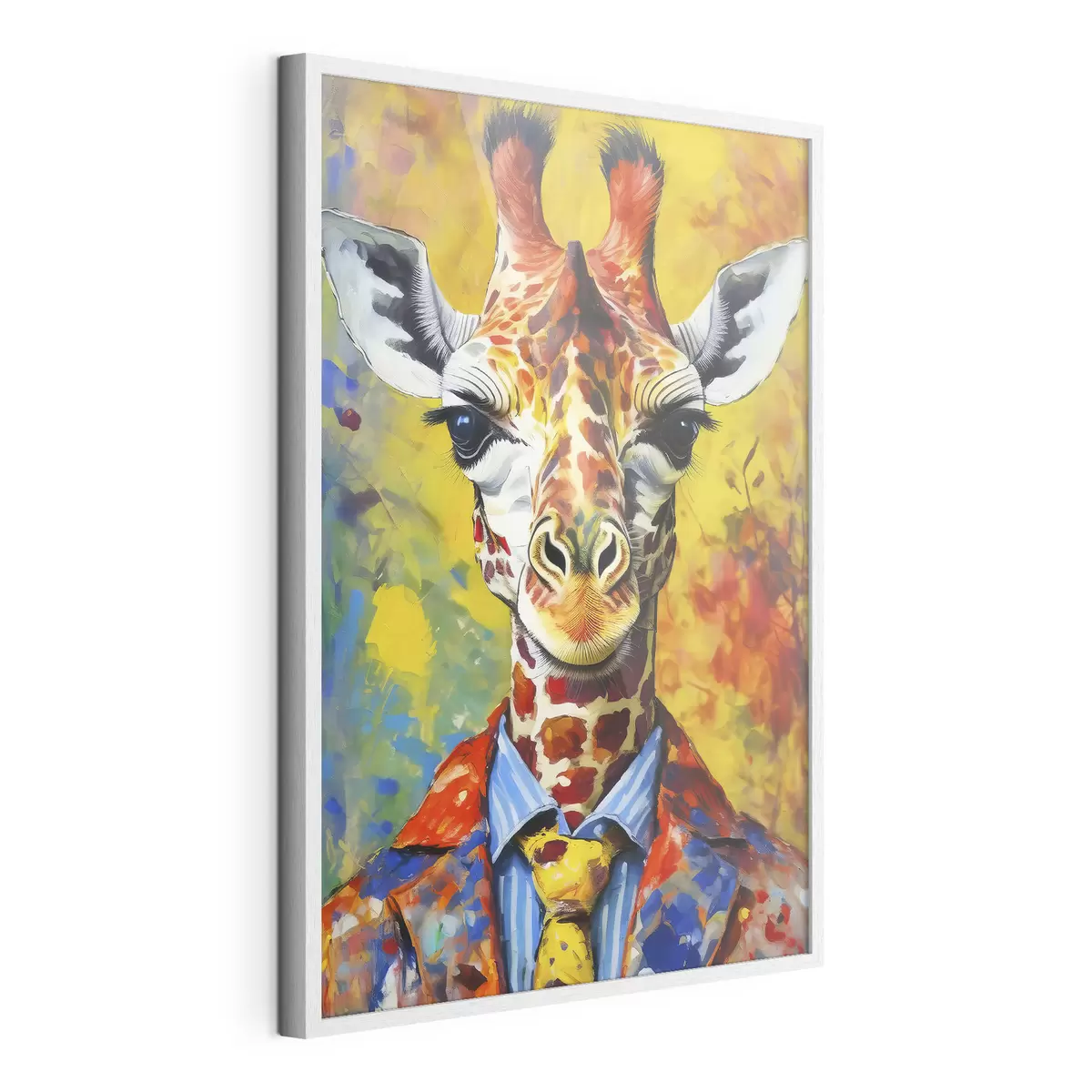 Poster portrait d'une girafe en costume sur fond jaune f38606