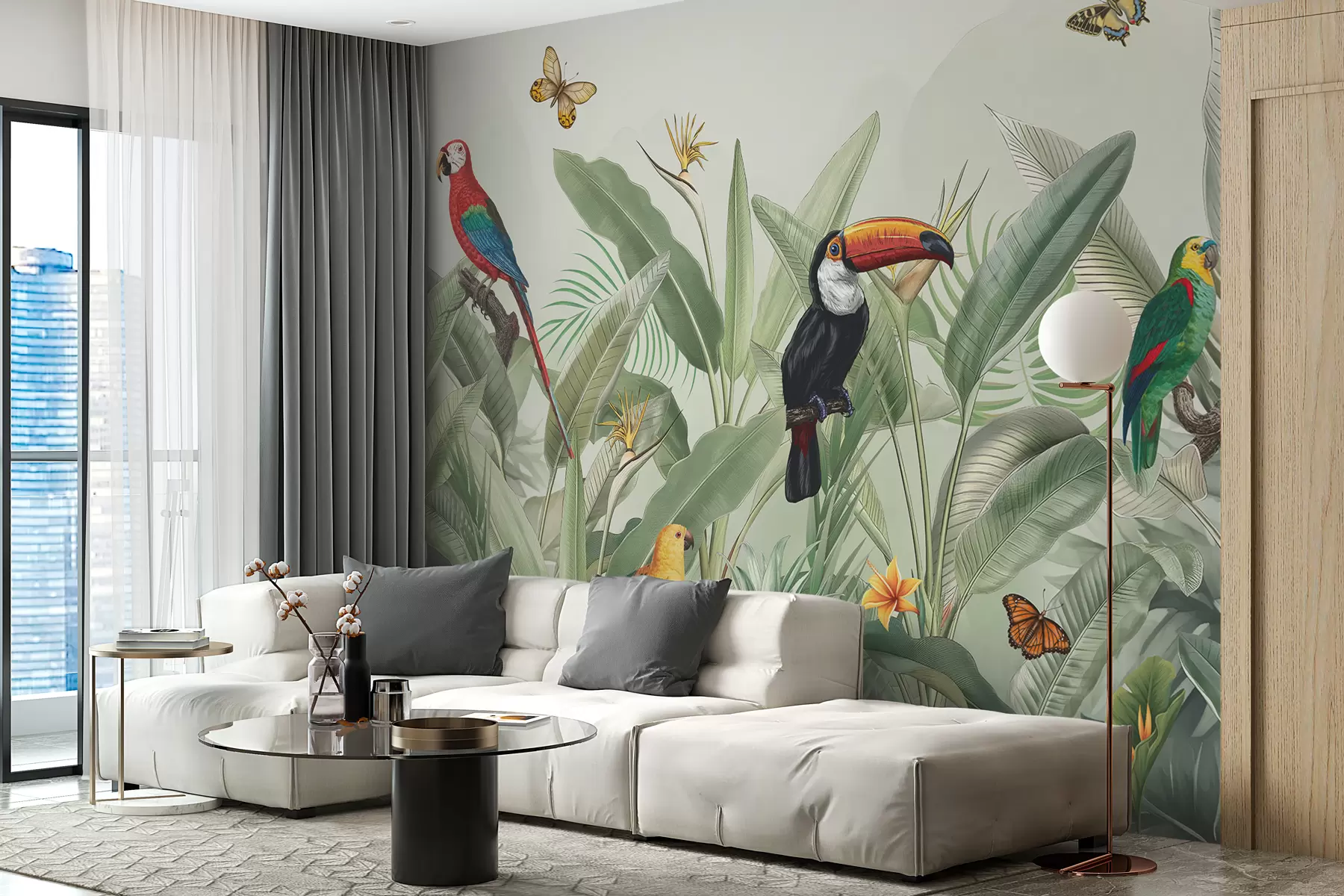 Papier peint Oiseaux exotiques sur feuilles de stropium gris w00635