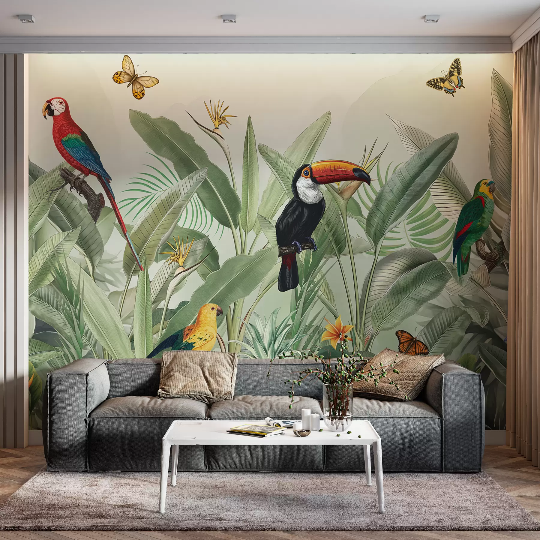 Papier peint Oiseaux exotiques sur feuilles de stropium gris w00635