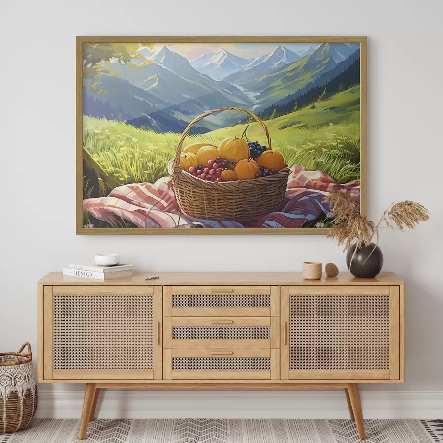 Papier peint une corbeille de fruits sur un pré dans les montagnes f38654