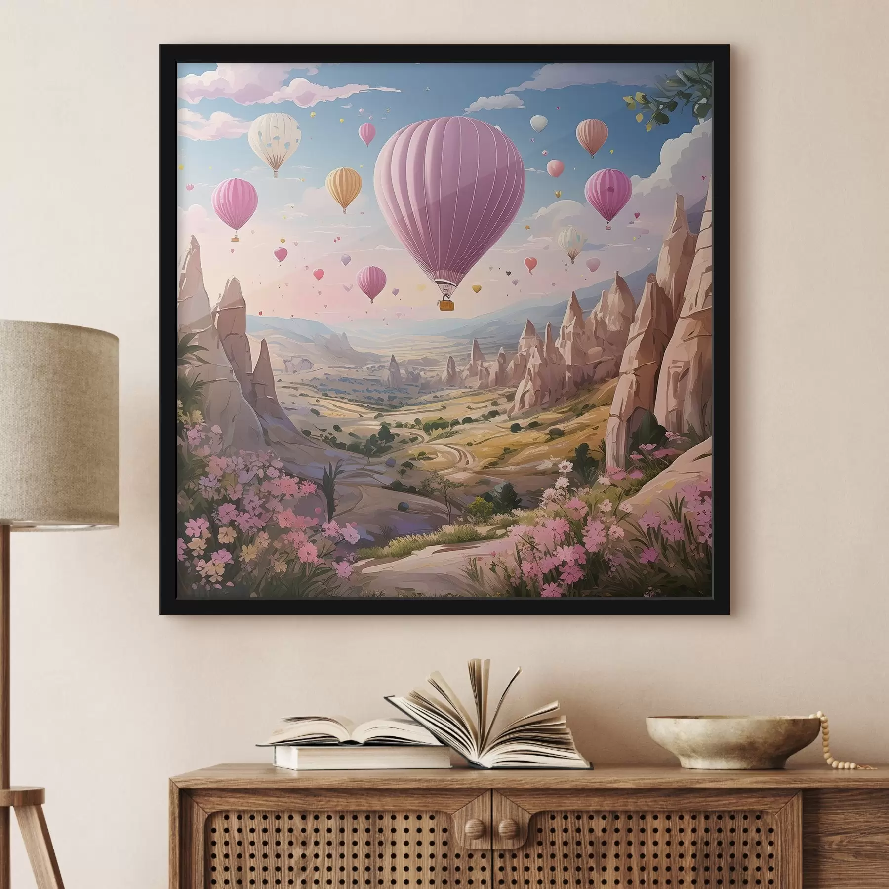 Papier peint ballons dans les montagnes sur les fleurs f38656